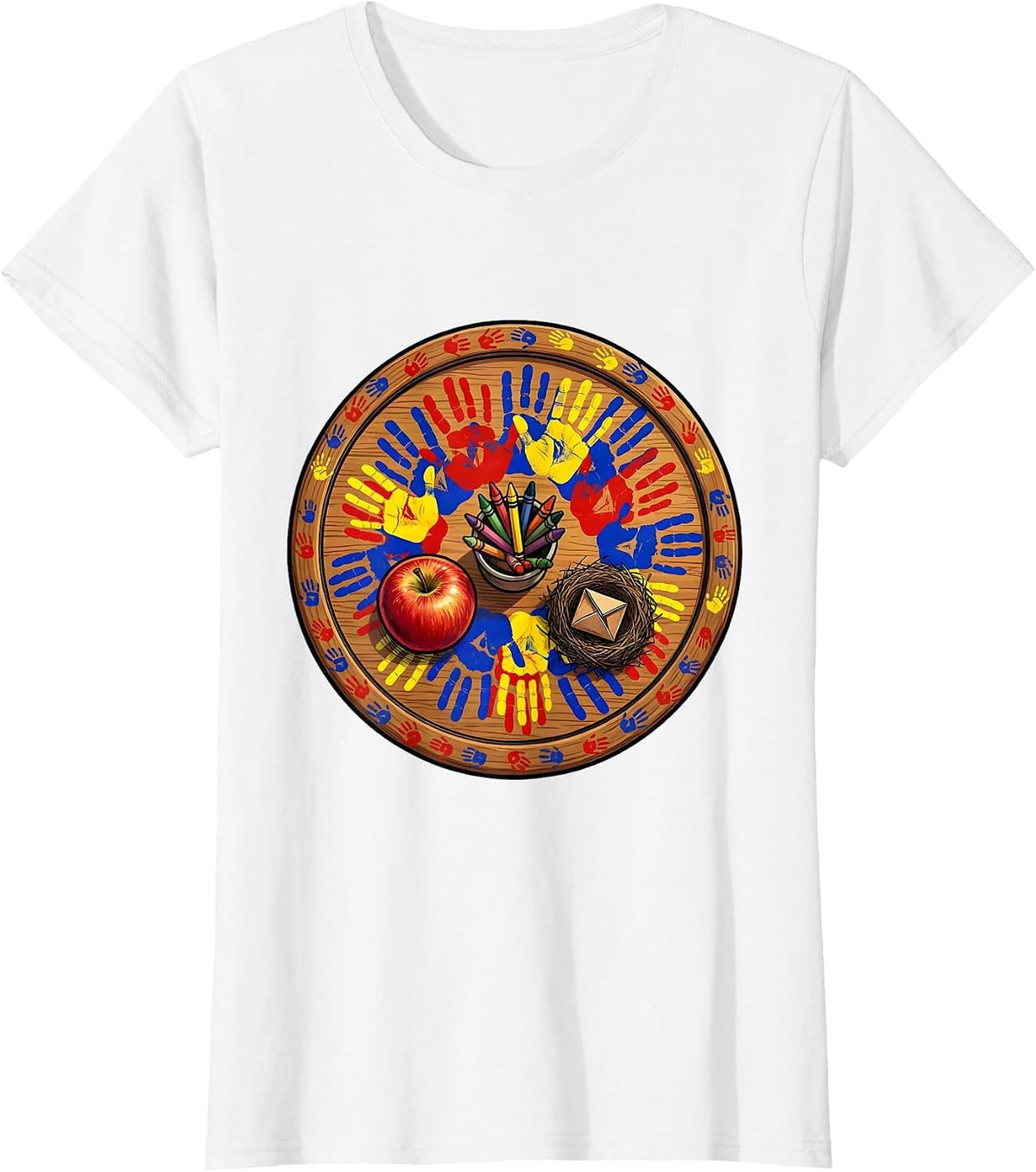 Women's 2nd Grade Teacher Handprint Art Desk Design T-Shirt - White