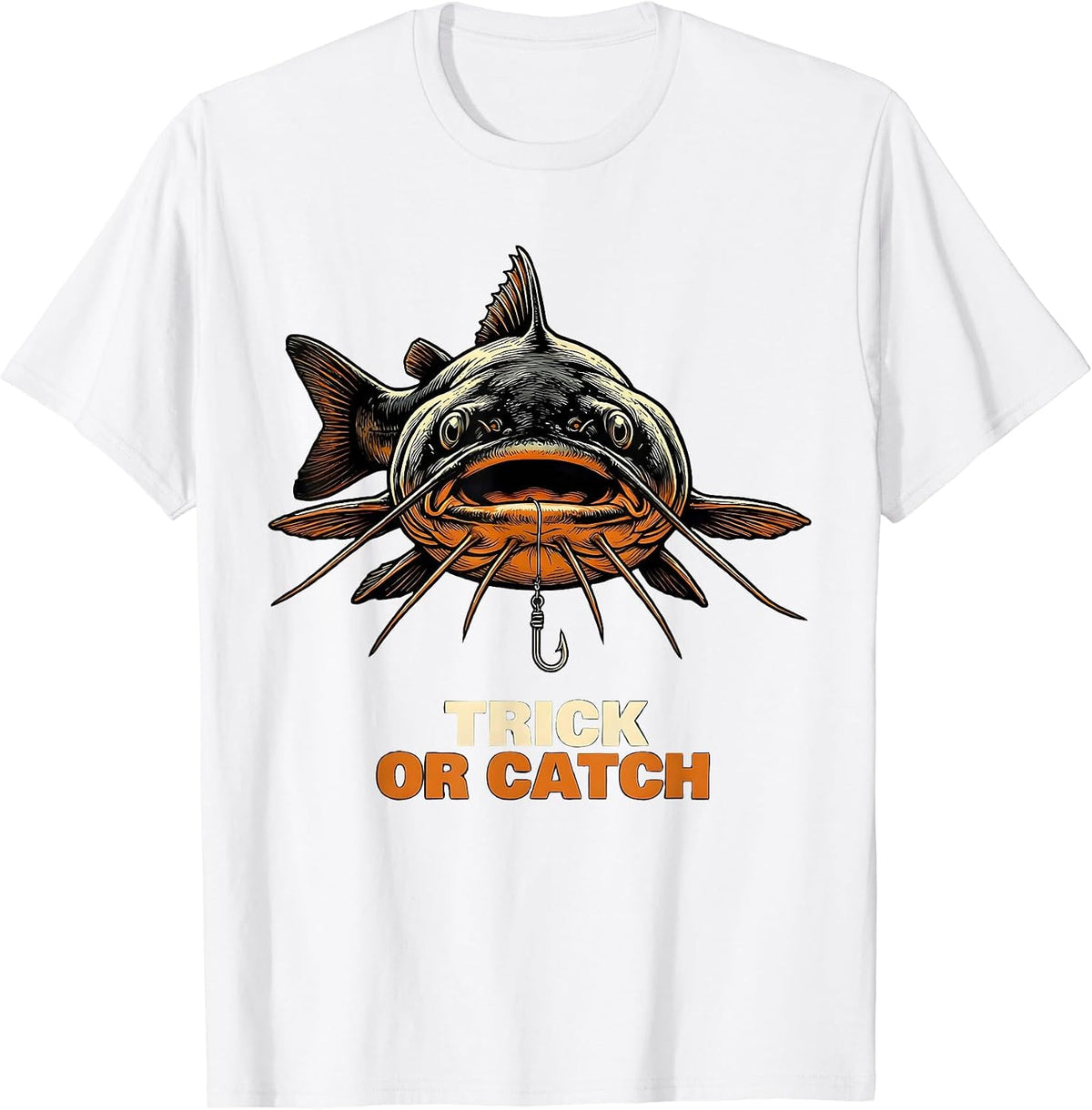 Men's Trick Or Catch Oversized Bullhead Catfish Funny Halloween T-Shirt - White