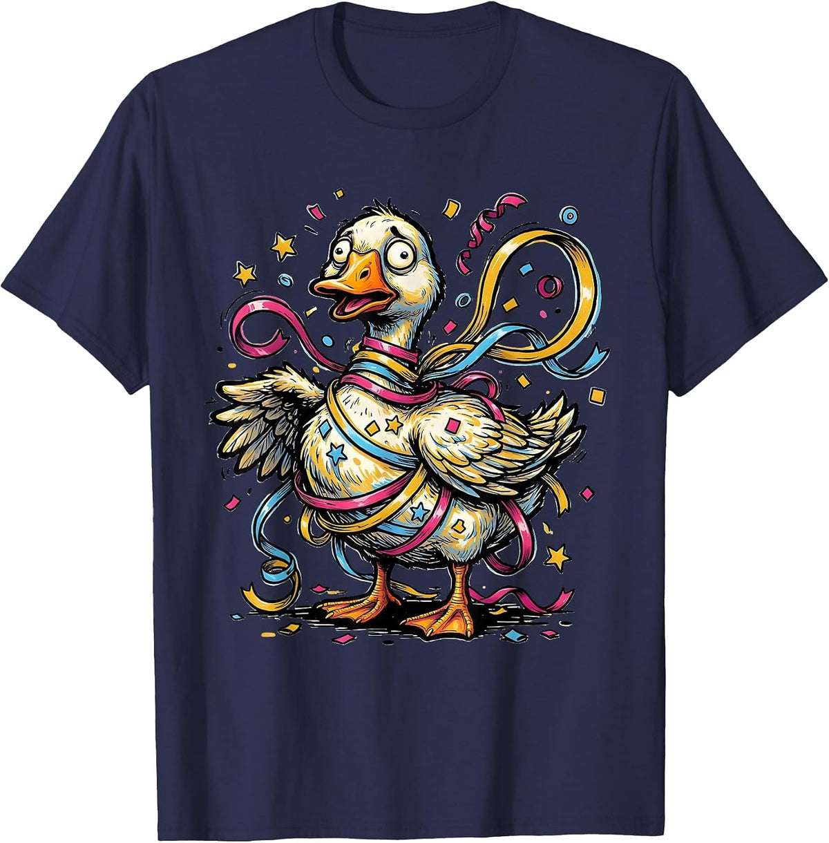 Silly Goose Tangled in Party Streamers T-Shirt - Navy Blue
