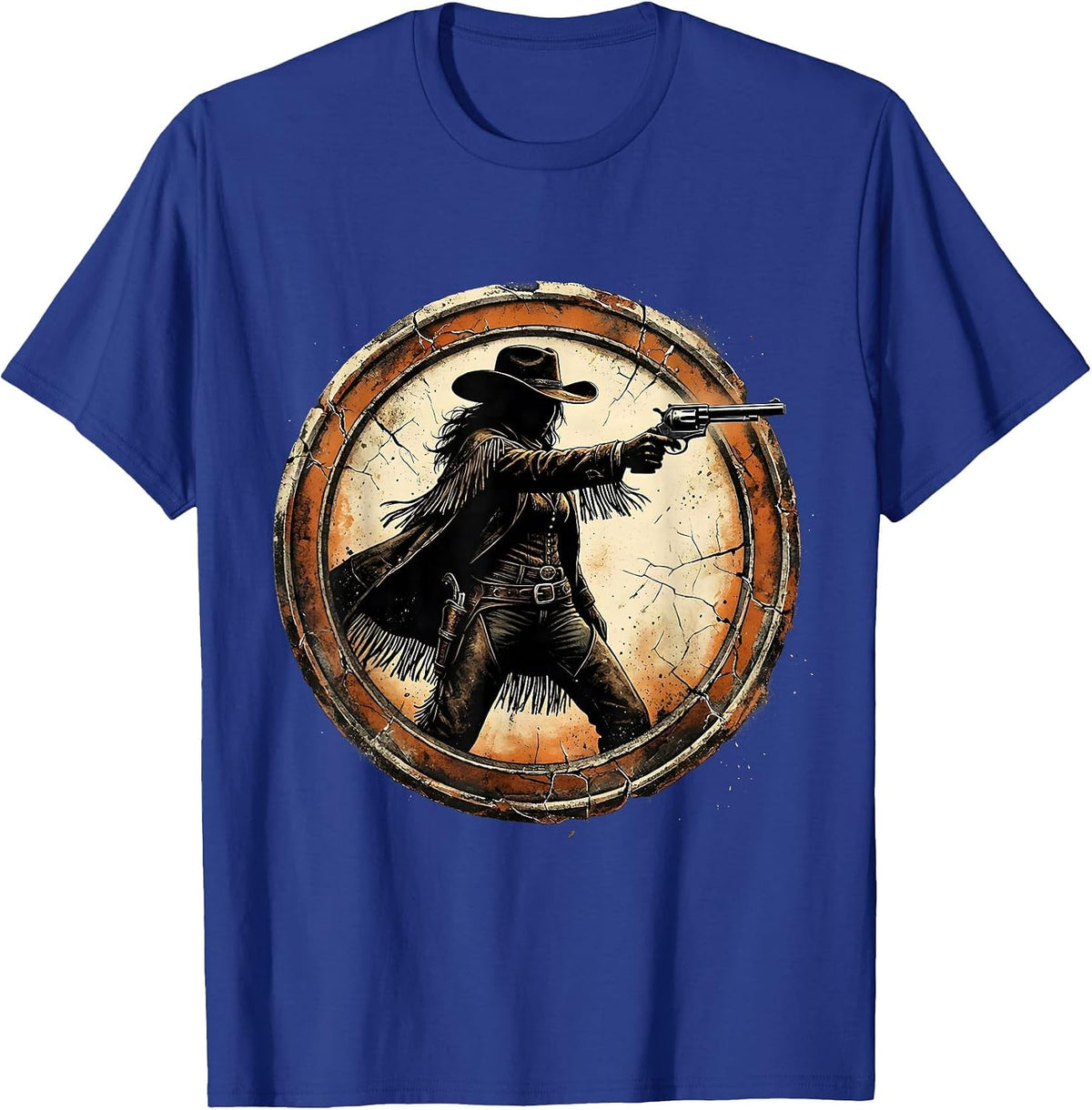 White Cowgirl Drawing Revolver Wide Stance T-Shirt - Royal Blue