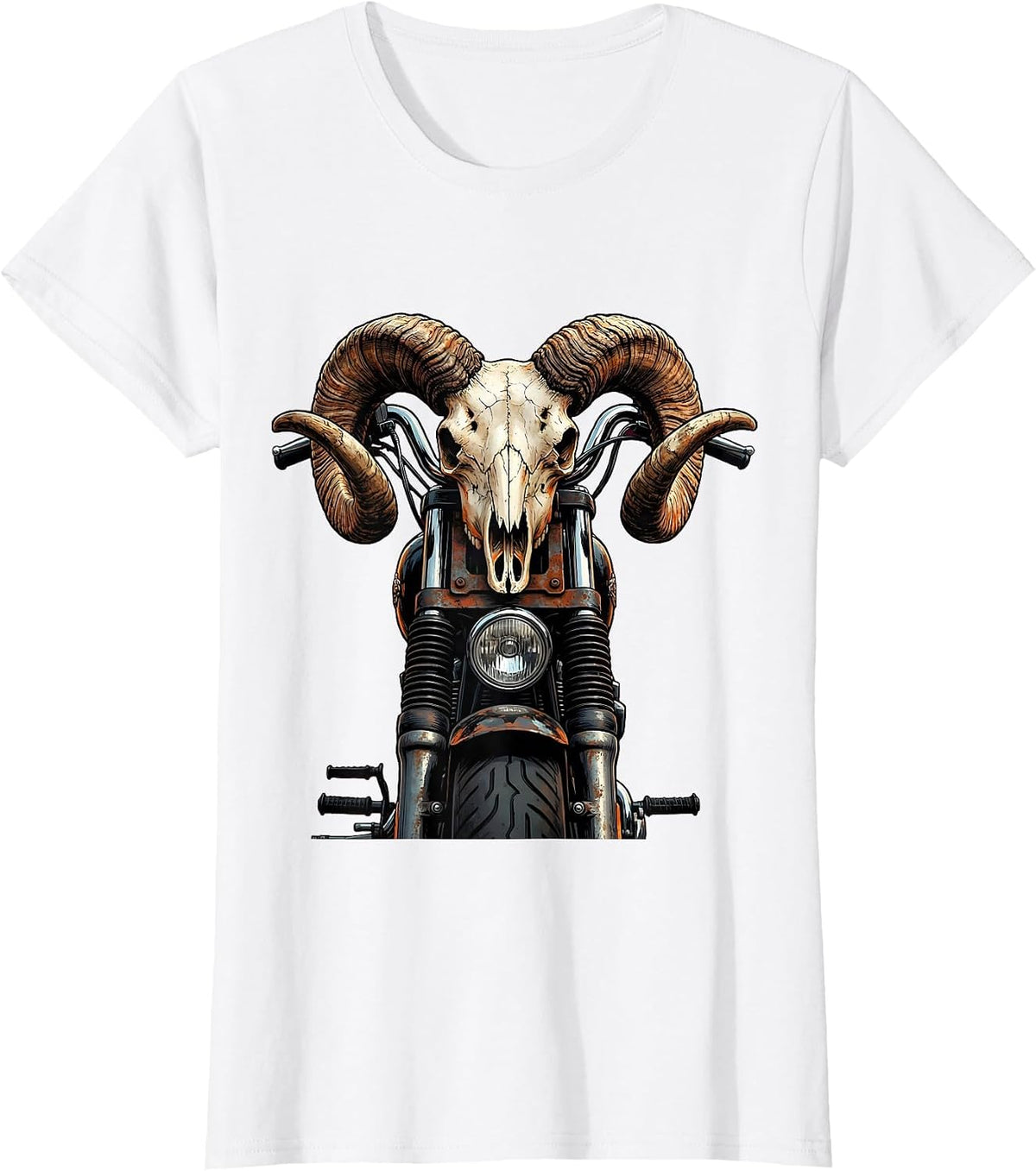 Ram Skull Motorcycle Handlebars Biker Graphic T-Shirt - White