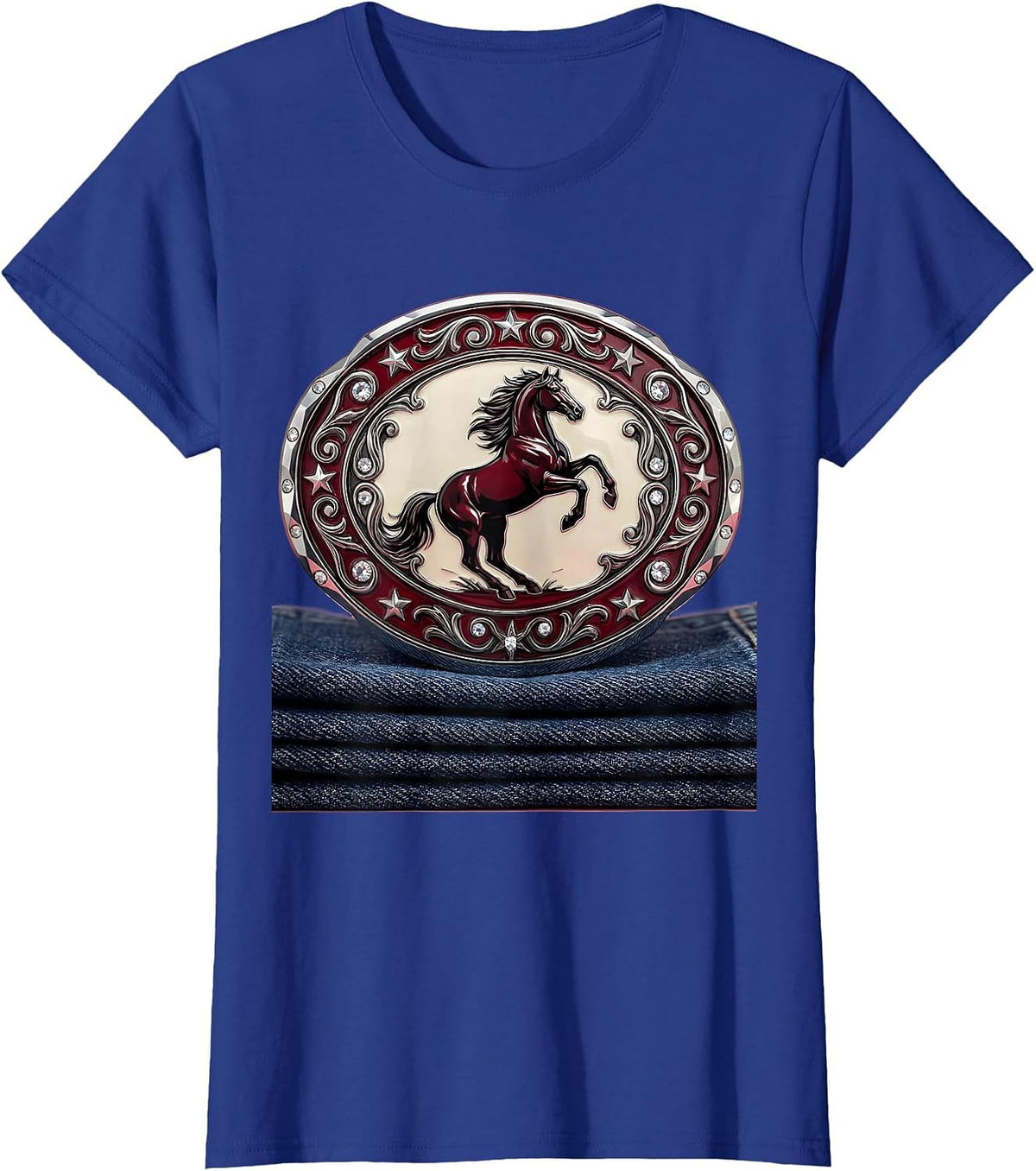 Women's Rodeo Buckle on Blue Jeans 90s Country Graphic T-Shirt - Royal Blue