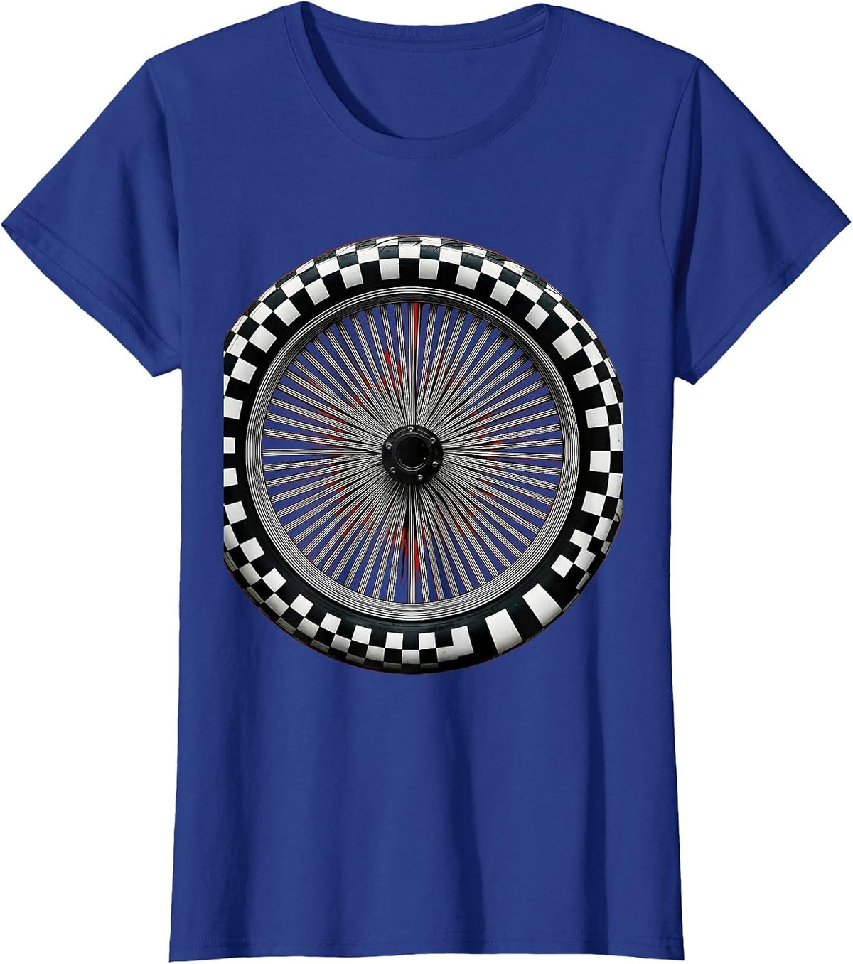 Women's Motorcycle Wheel Checkered Tire Tread Graphic T-Shirt - Royal Blue