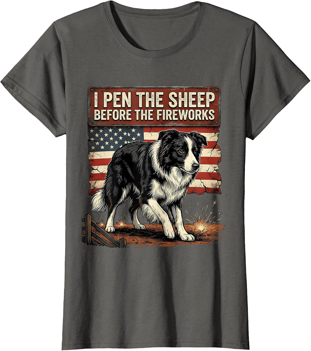 Women's I Pen The Sheep Before The Fireworks Distressed Border T-Shirt - Asphalt Grey