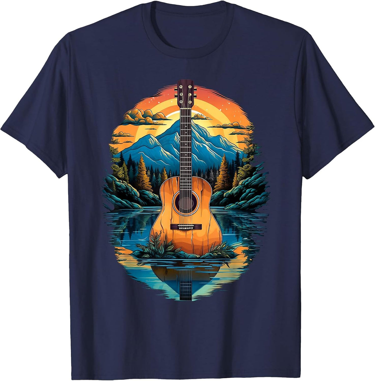 Acoustic Guitar Sunset By The Lake T-Shirt - Navy Blue