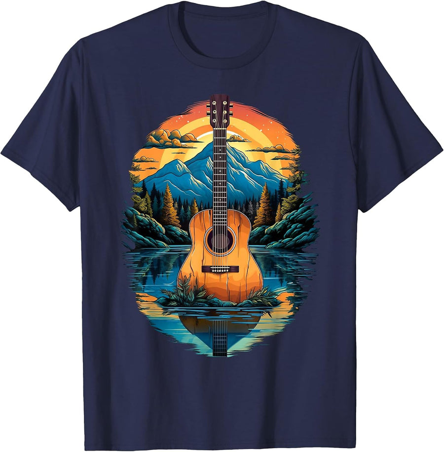 Acoustic Guitar Sunset By The Lake T-Shirt - Navy Blue