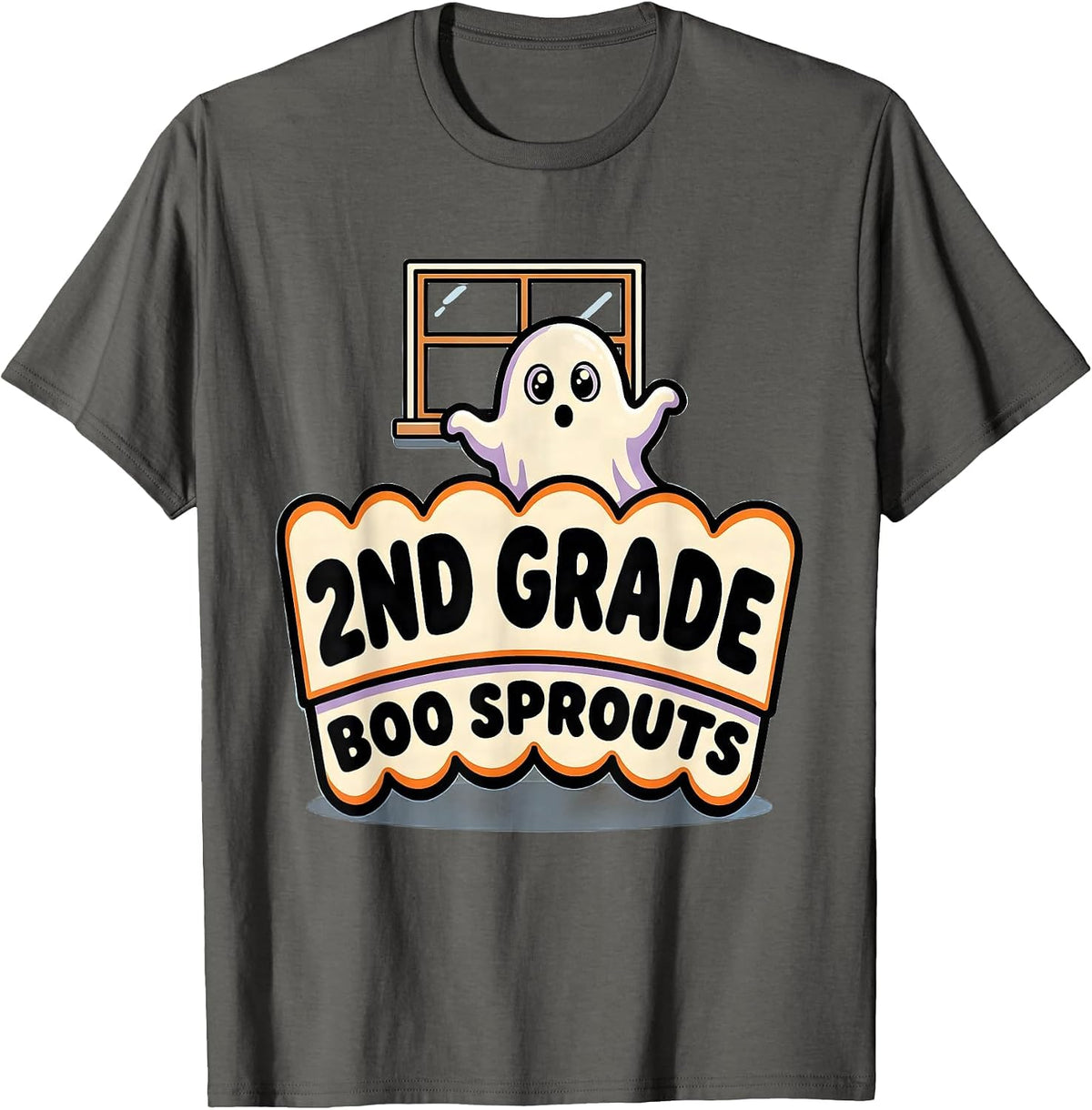 2nd Grade Boo Sprouts Cartoon Ghost Halloween Teacher T-Shirt - Asphalt Grey