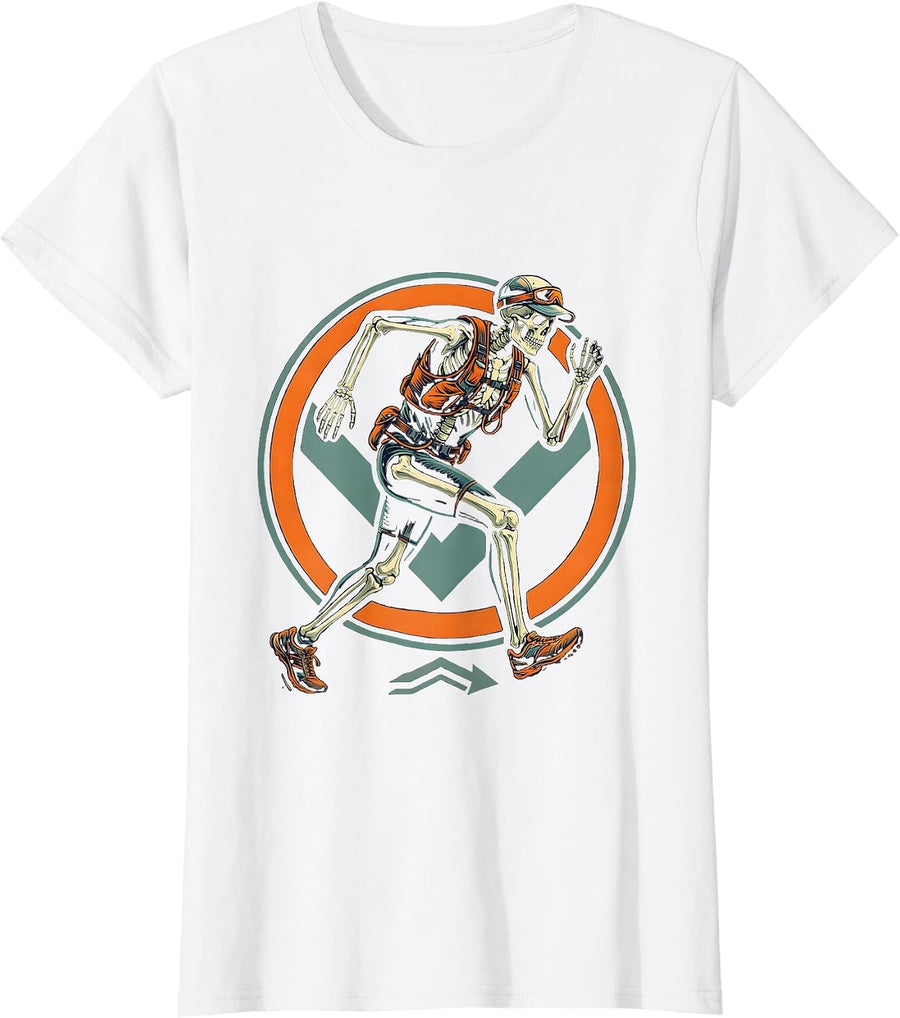 Women's Running Skeleton Race Badge Halloween Runner Humor T-Shirt - White