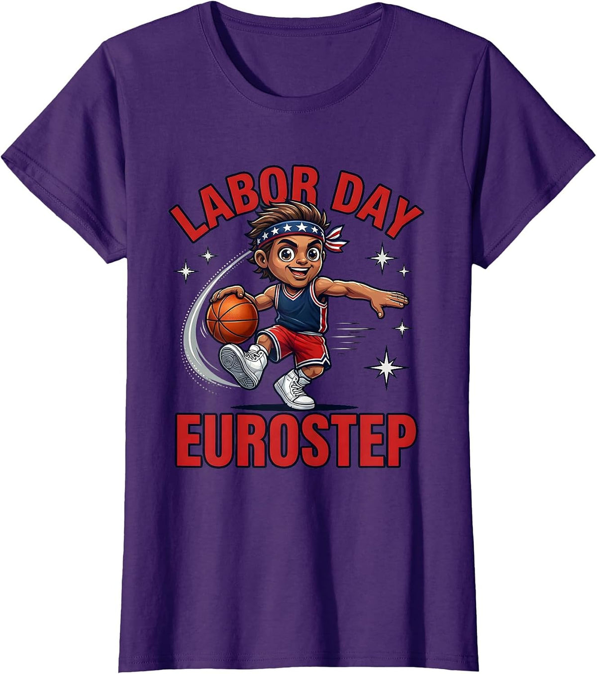 Women's LABOR DAY EUROSTEP Cartoon Basketball Player Patriotic T-Shirt - Purple