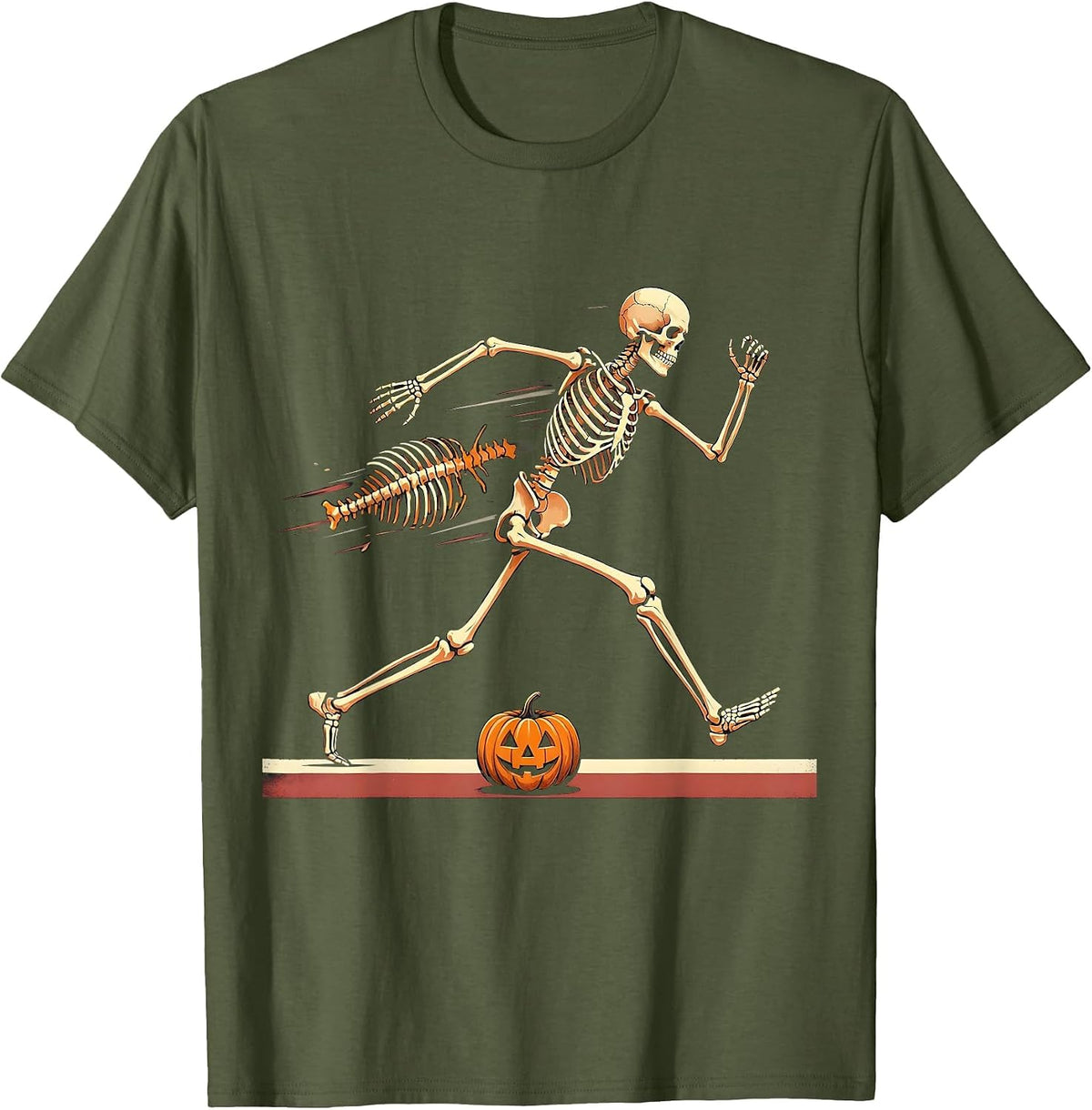 Skeletal Runner Halloween Running Club Humor T-Shirt - Olive Green
