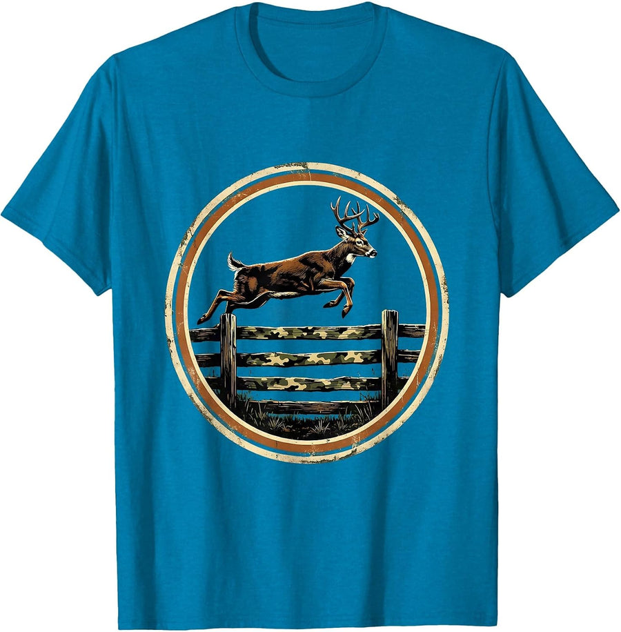 Buck Leaping Over Camo Fence Hunting Design T-Shirt - Sapphire Blue