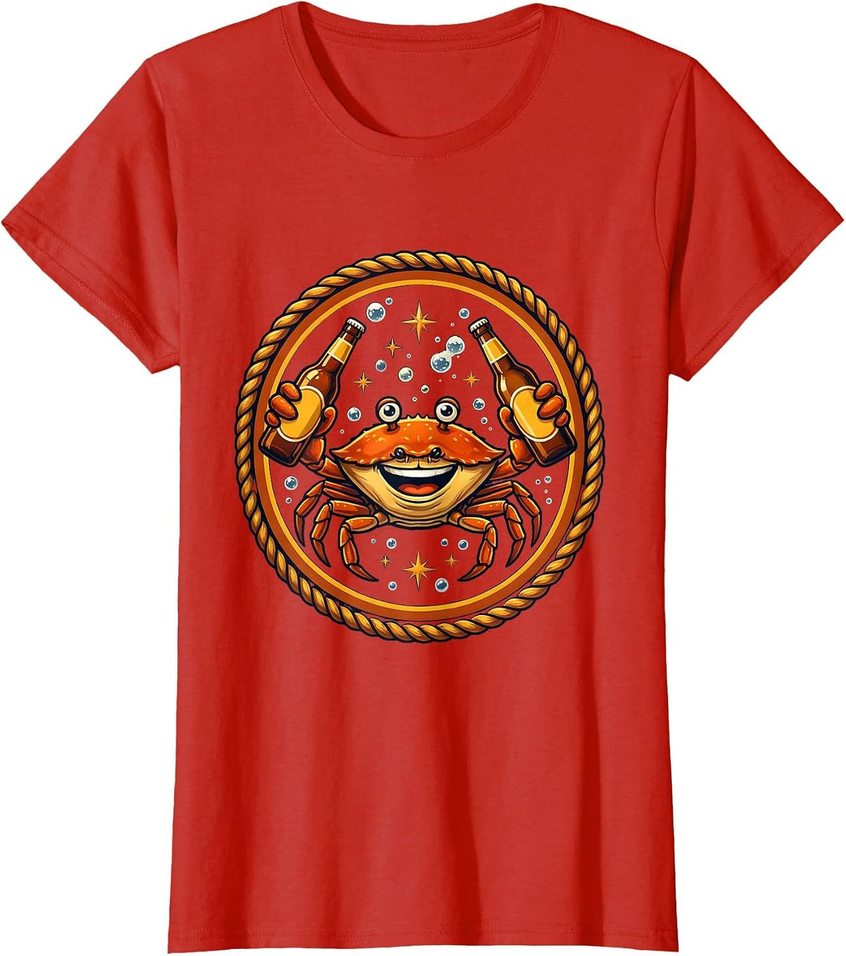 Women's Happy Hour Crab Holding a Cold Beer Illustration T-Shirt - Red