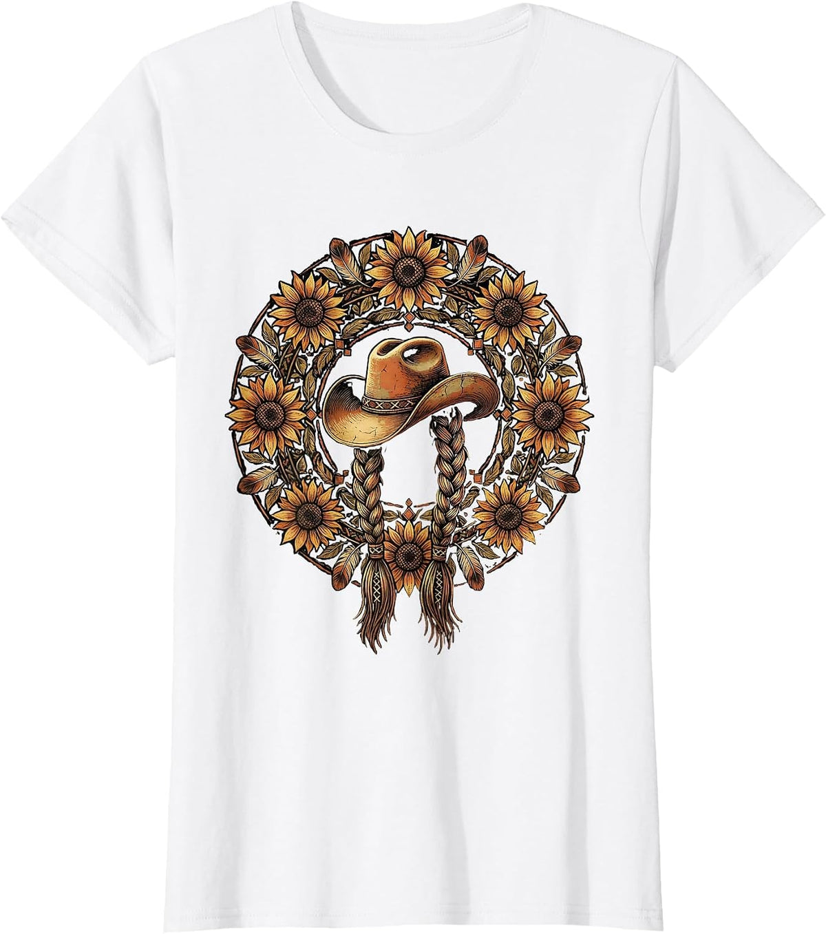 Braided Hair Cowboy Hat Western Illustration T-Shirt - White