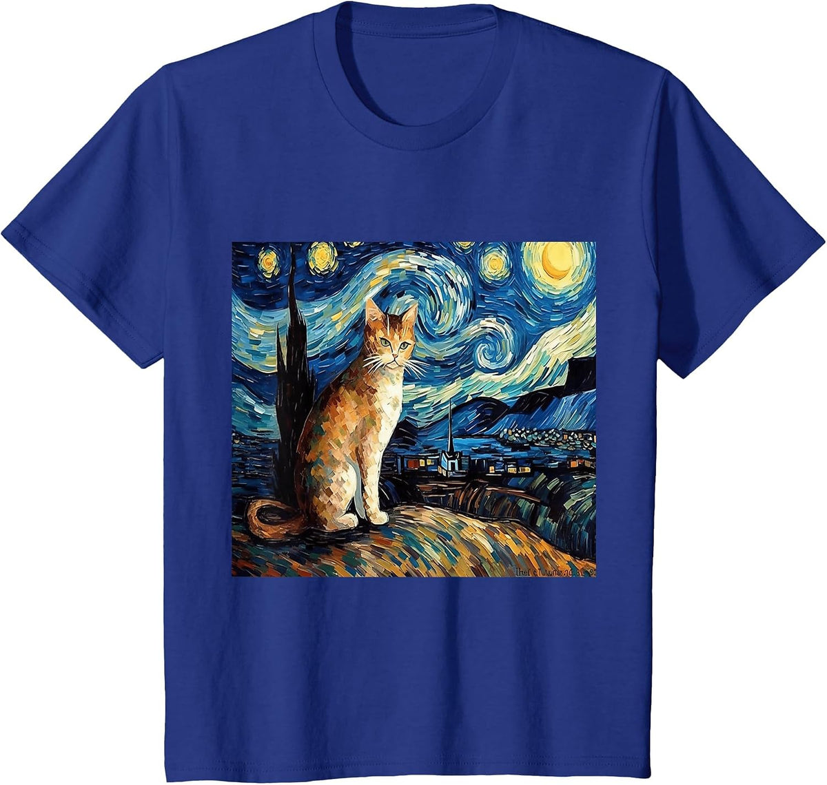 Calico Cat Starry Night Moon and Stars Art T-Shirt - Royal Blue