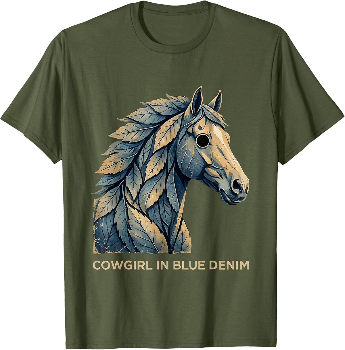 Cowgirl Blue Denim Western Graphic Design T-Shirt - Olive Green