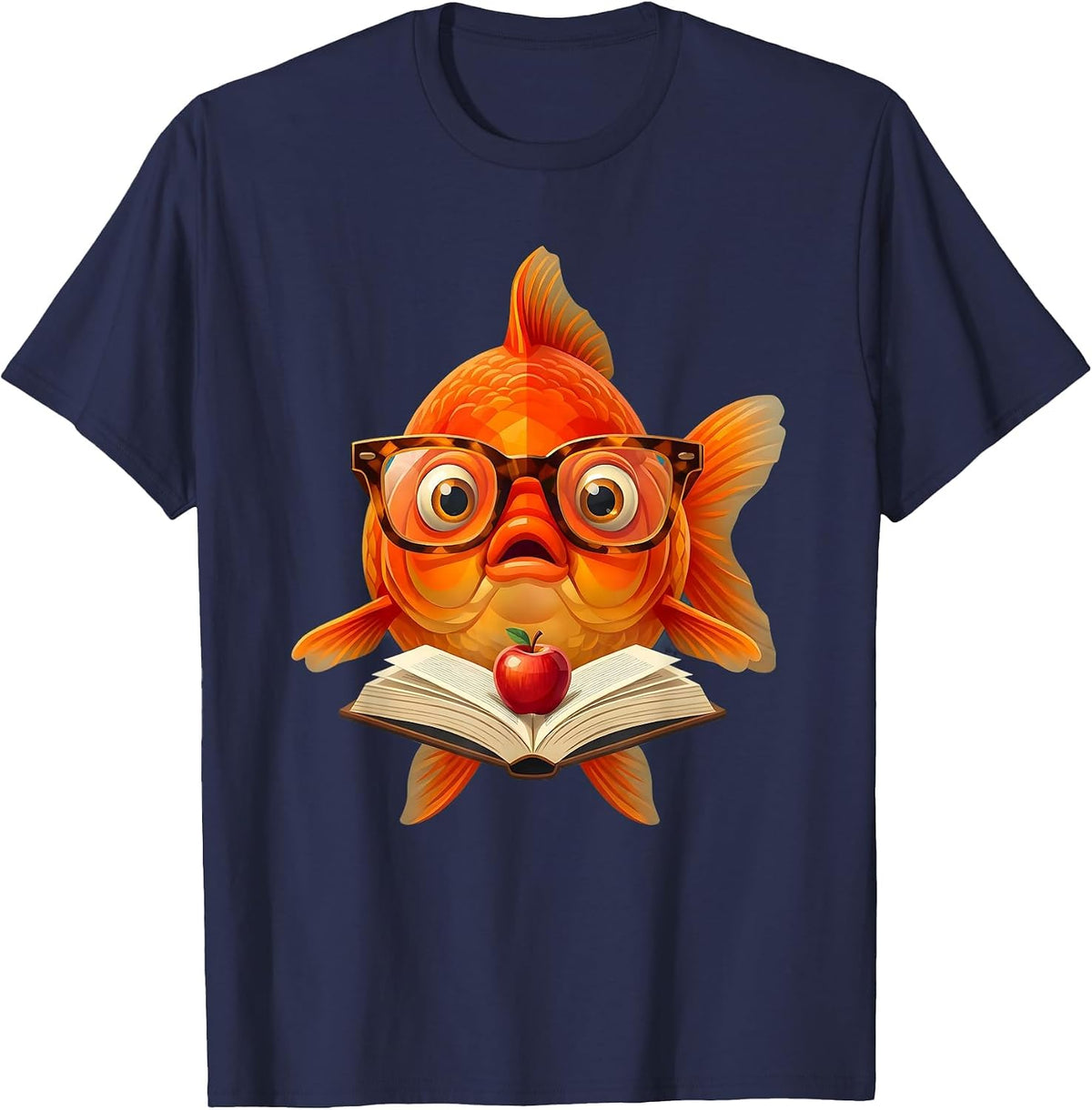 Funny Goldfish Teacher Glasses Reading Book Gift T-Shirt - Navy Blue