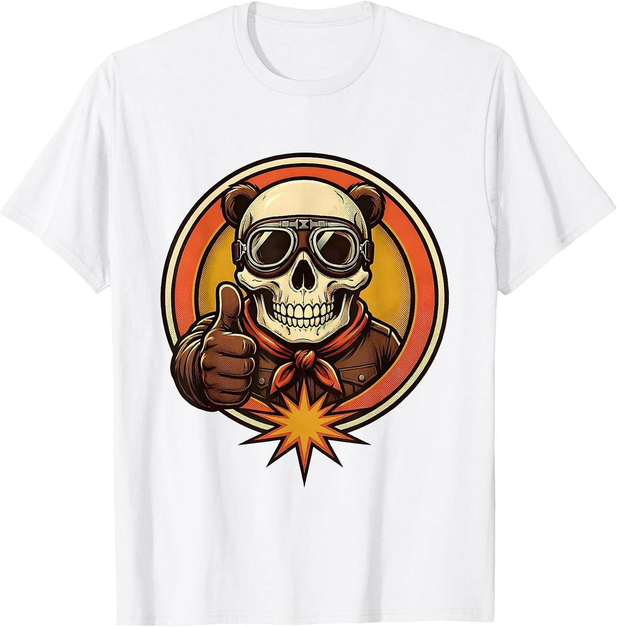 Men's Bear Skull Biker Goggles Bandana Motorcycle Design T-Shirt - White
