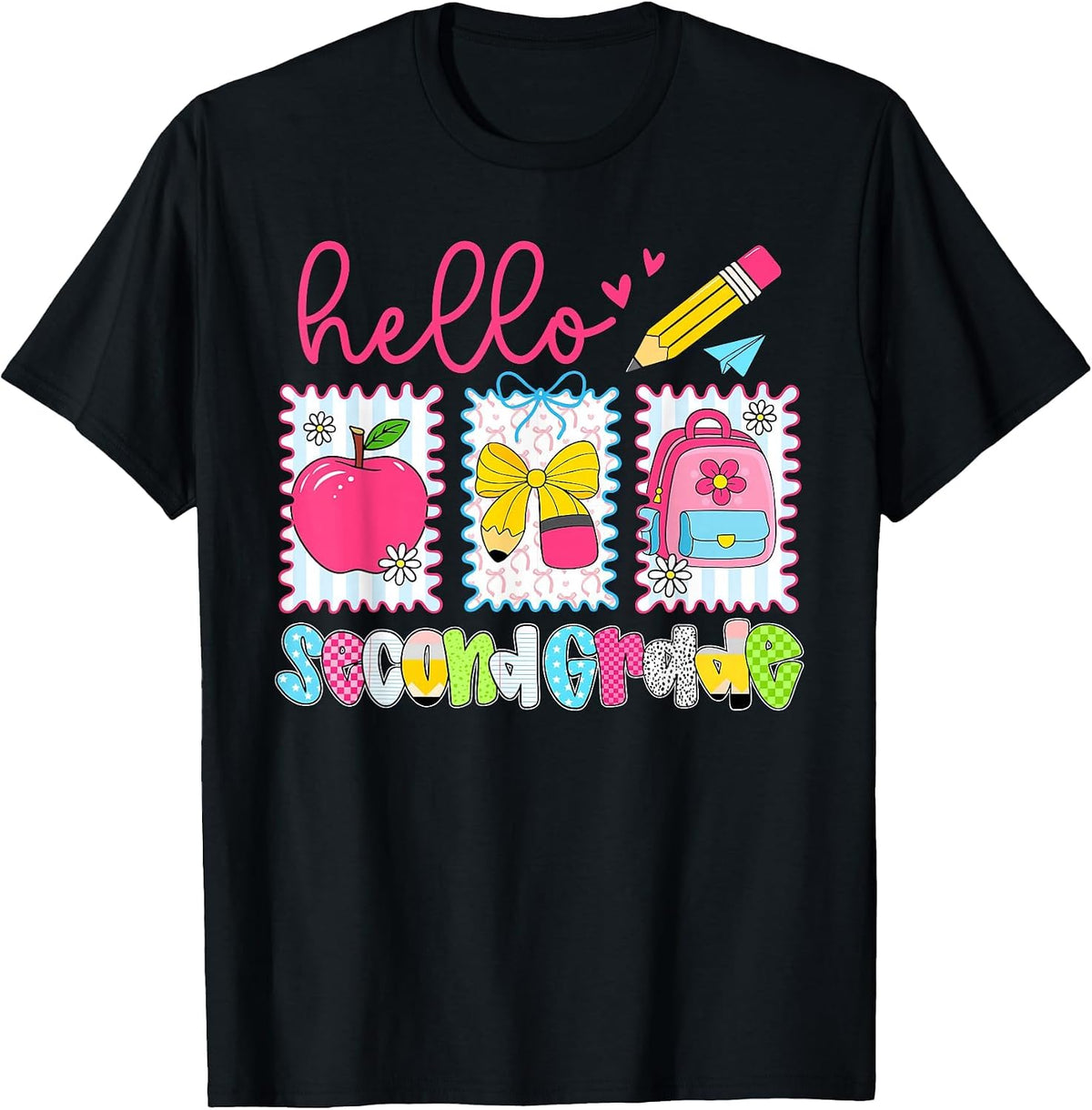 Preppy Hello Second Grade Team Back to School Teachers Kids T-Shirt, Men, Black, 3X-Large - As Pictured