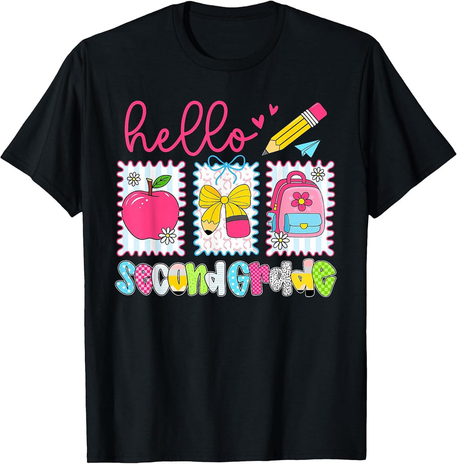 Preppy Hello Second Grade Team Back to School Teachers Kids T-Shirt, Men, Black, 3X-Large - As Pictured