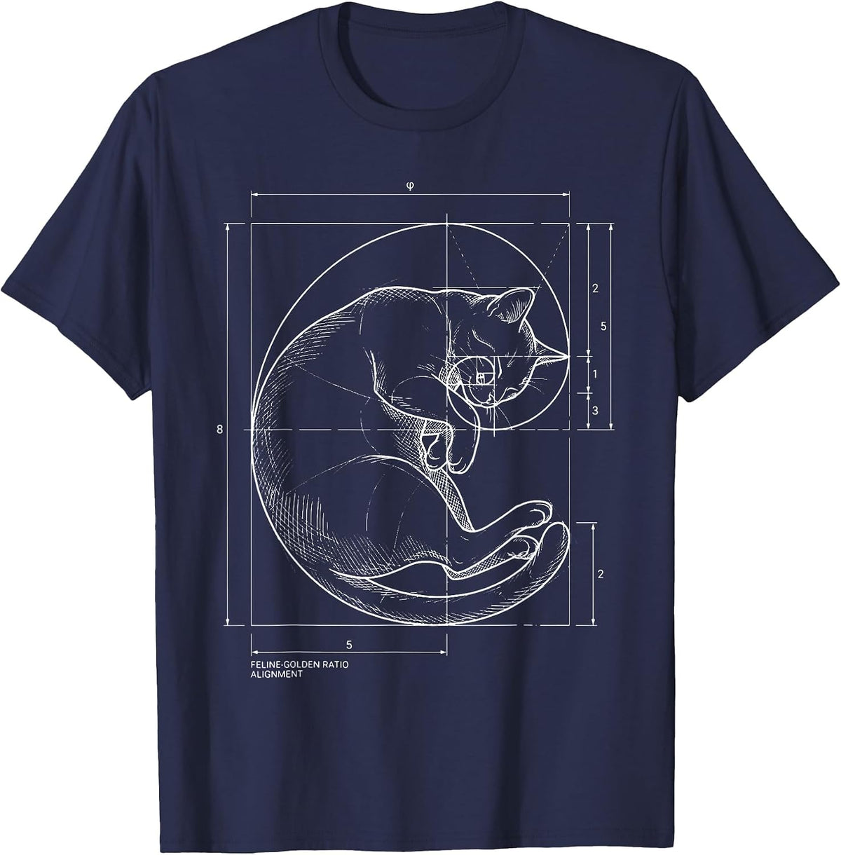 Fibonacci Spiral Cat Blueprint Sacred Geometry Math Teacher T-Shirt - Navy Blue