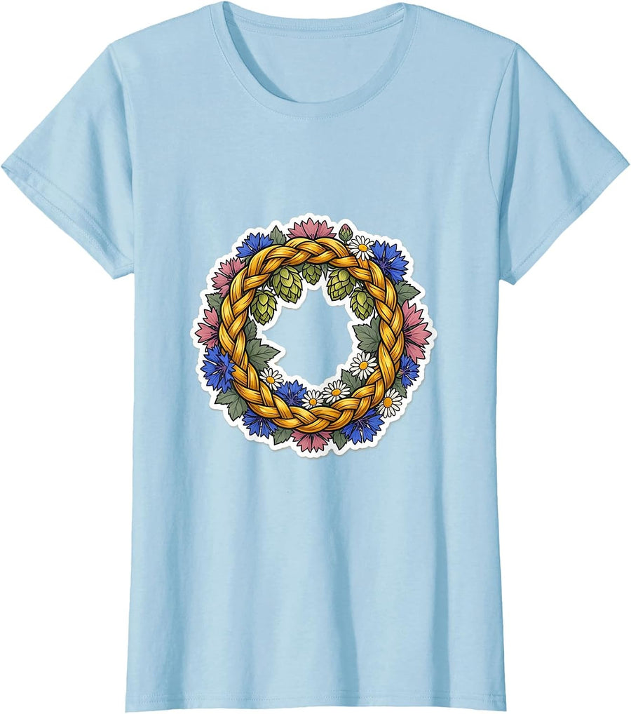 Women's Oktoberfest Wildflower Hops Braided Hair Design T-Shirt - Baby Blue