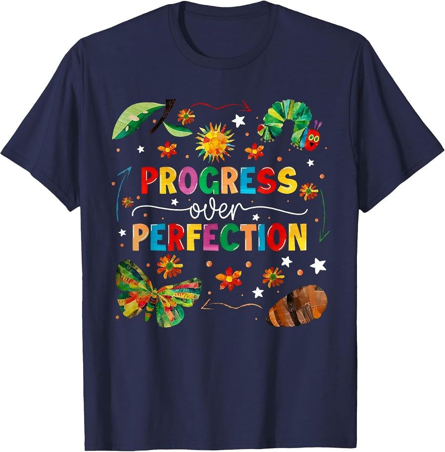 Progress Over Perfection Teacher Student Back to School T-Shirt - Navy Blue