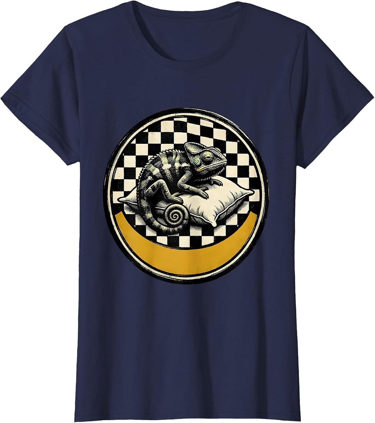 Women's Sealed Chameleon Sleeping Badge Retro Cartoon Animal Lover T-Shirt - Navy Blue