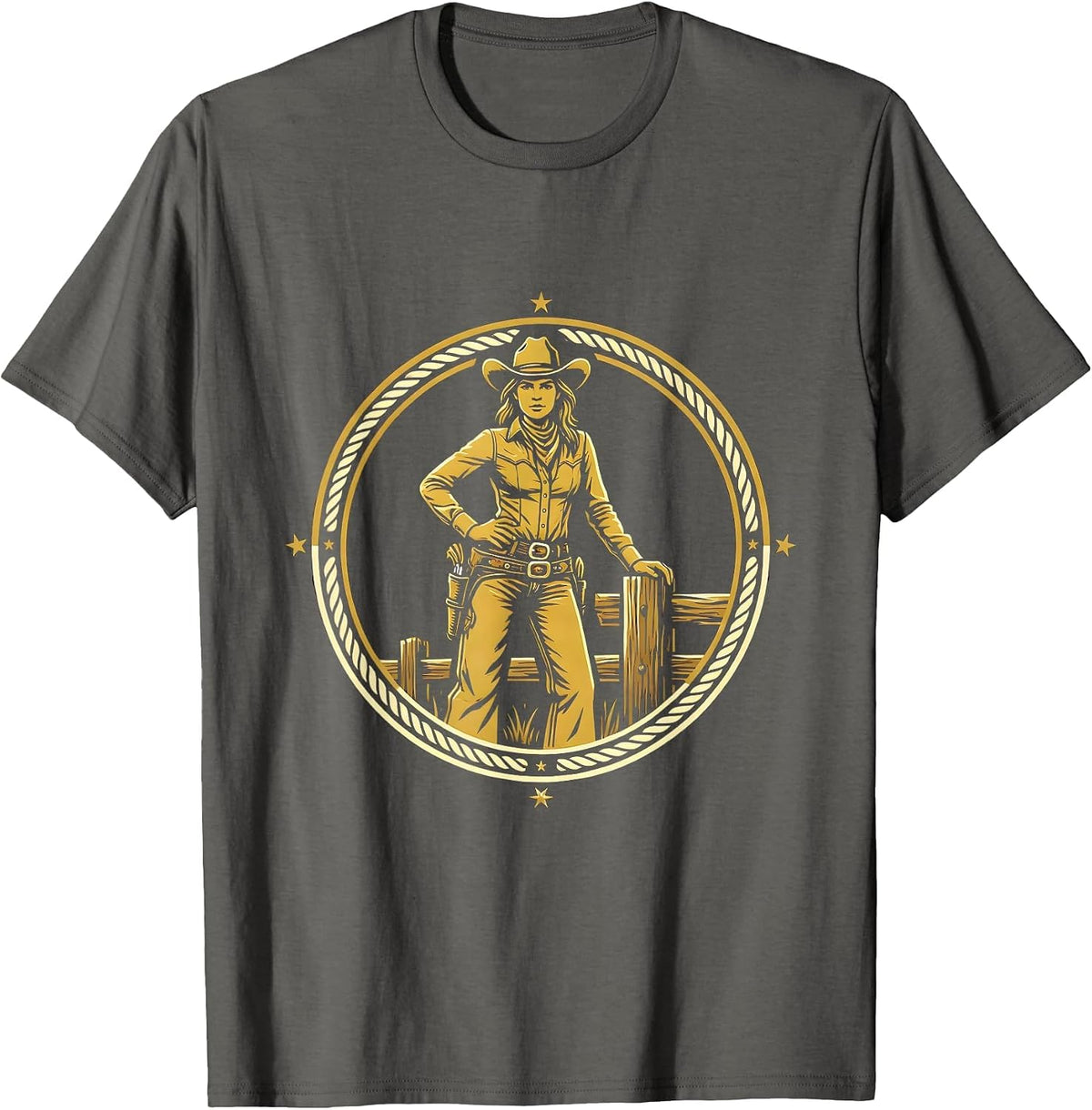 Sassy Cowgirl Leaning on Fence Post Graphic T-Shirt - Asphalt Grey