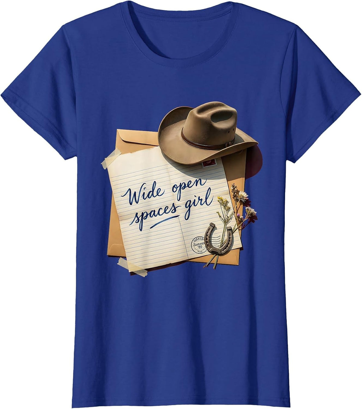 Women's Wide Open Spaces Girl Cowgirl Design T-Shirt - Royal Blue