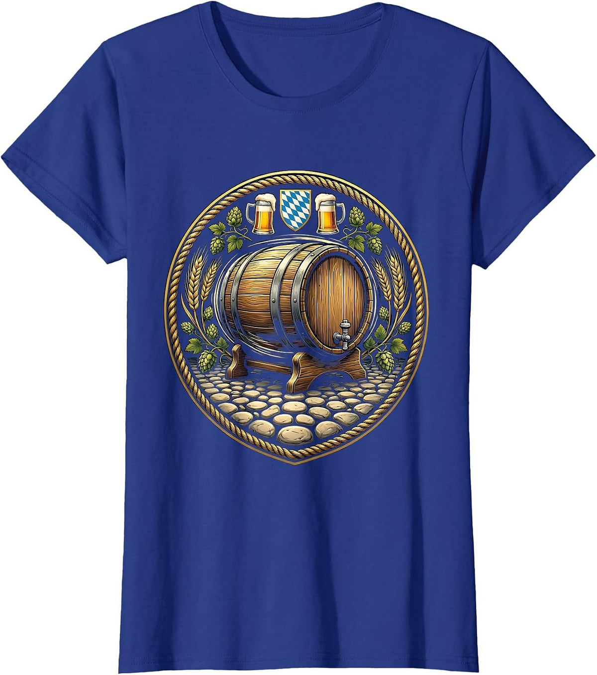 Women's Oktoberfest Barrel Rolling Cobblestone Street T-Shirt - Royal Blue