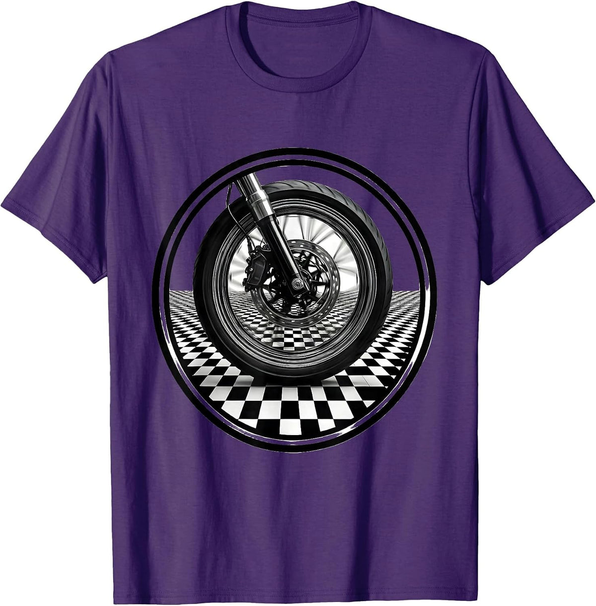 Men's Motorcycle Wheel Black White Checkered Graphic T-Shirt - Purple