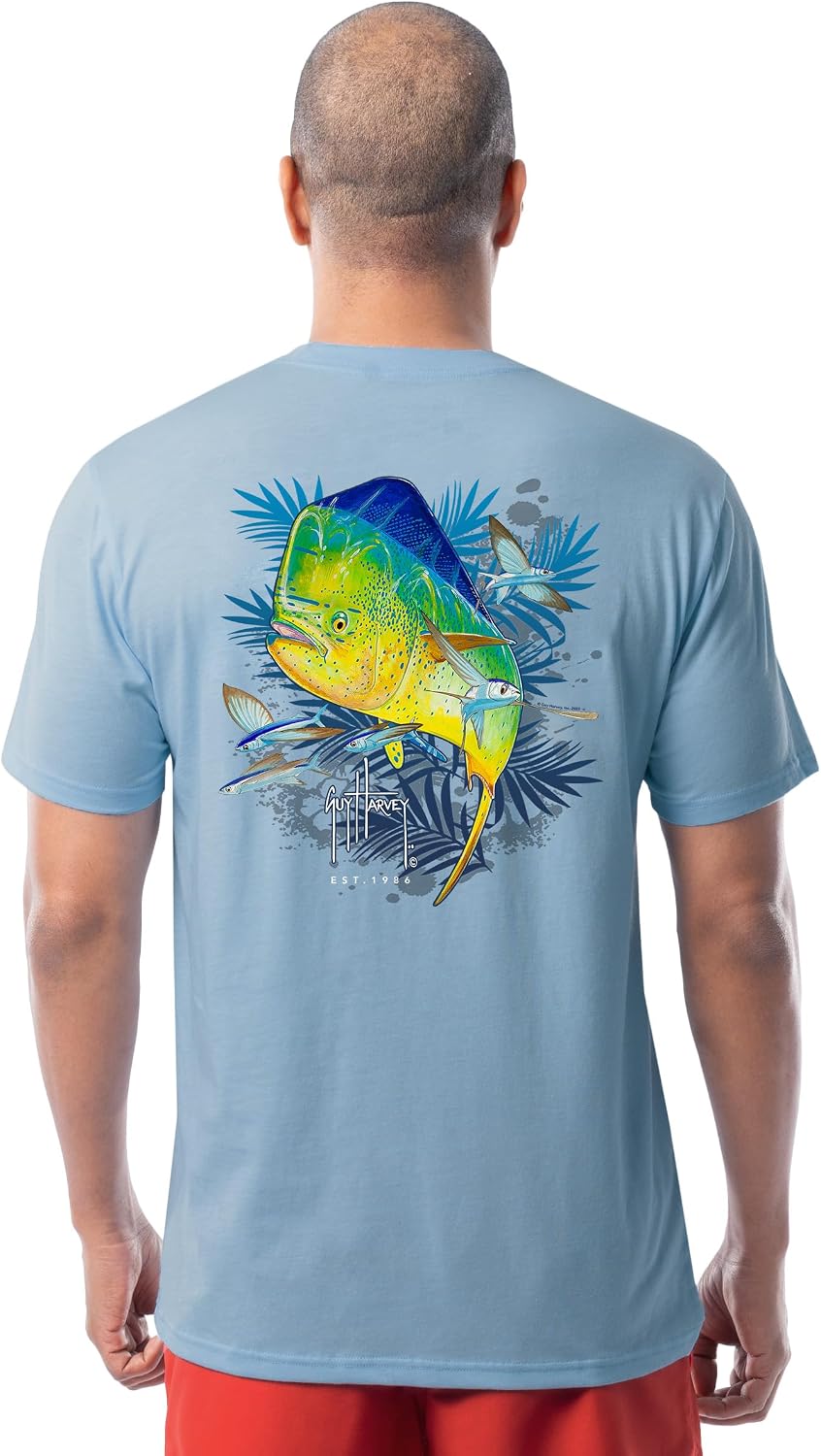 Guy Harvey Men’s Short Sleeve Lightweight Cotton Fishing Graphic T-Shirt - Clear Sky Heather\/Mahi Palms