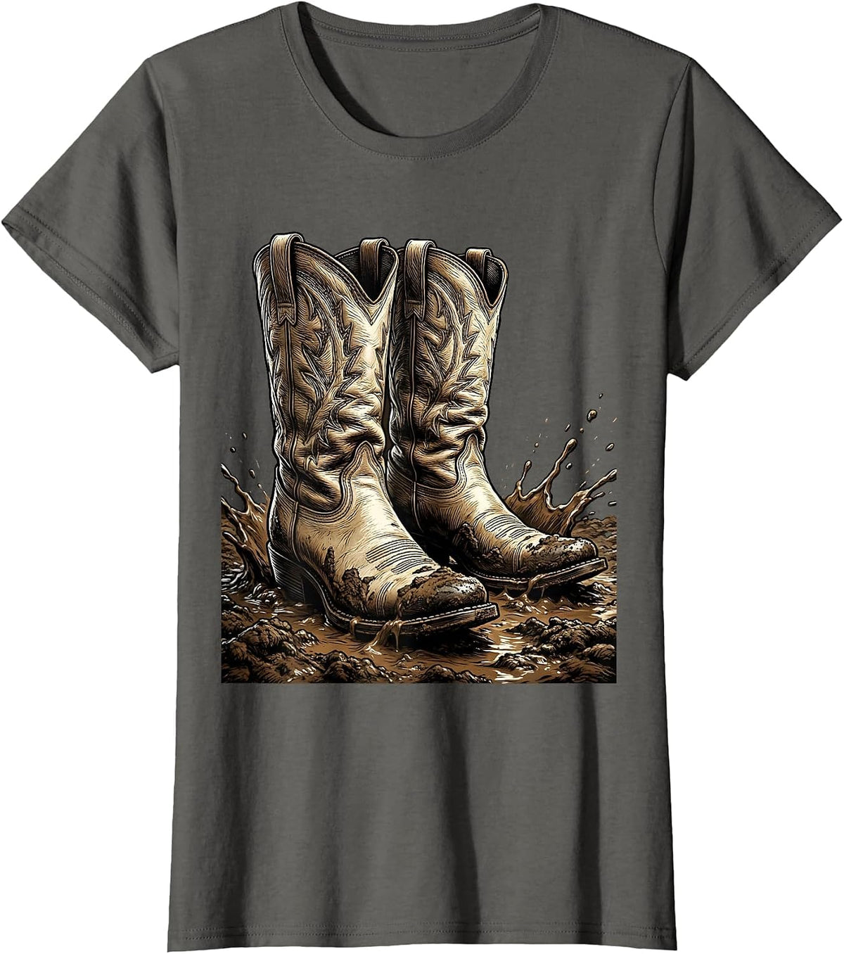 Women's Cowboy Boots in the Mud Western Graphic T-Shirt - Asphalt Grey
