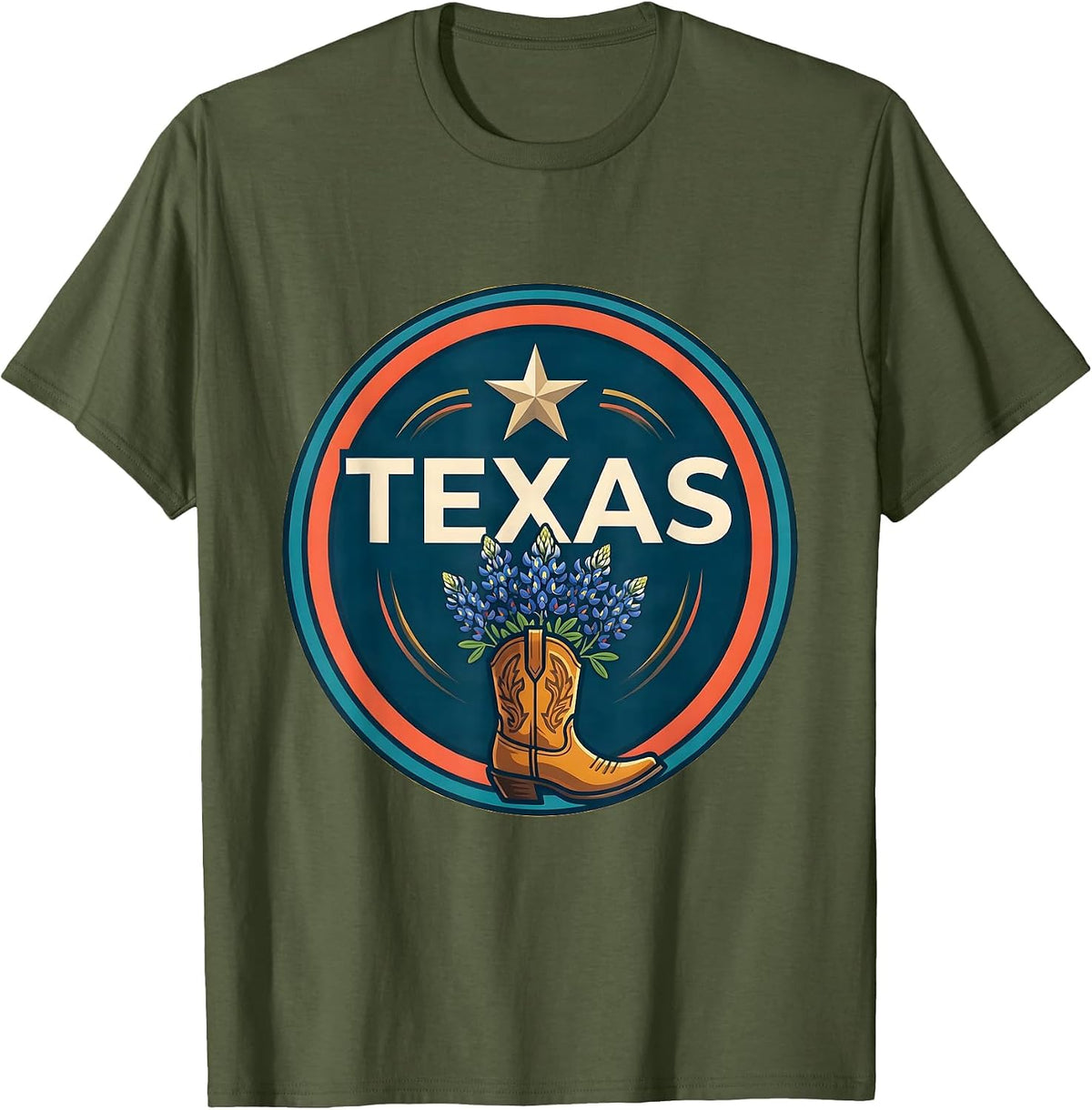 Men's Texas Western State Pride Cowboy Boot Badge Lone Star T-Shirt - Olive Green