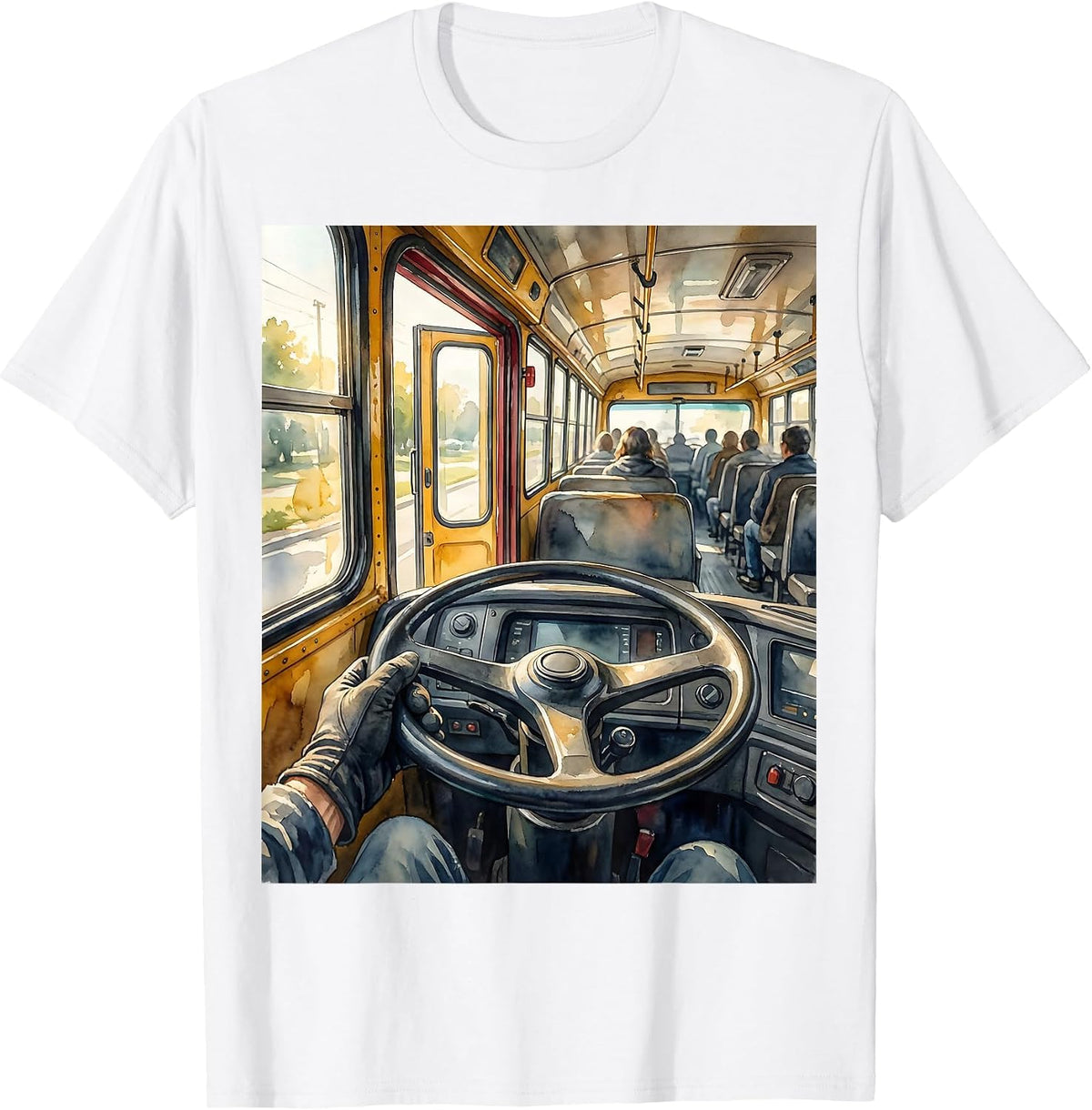 School Bus Interior Driver View Watercolor Bus Enthusiast T-Shirt - White
