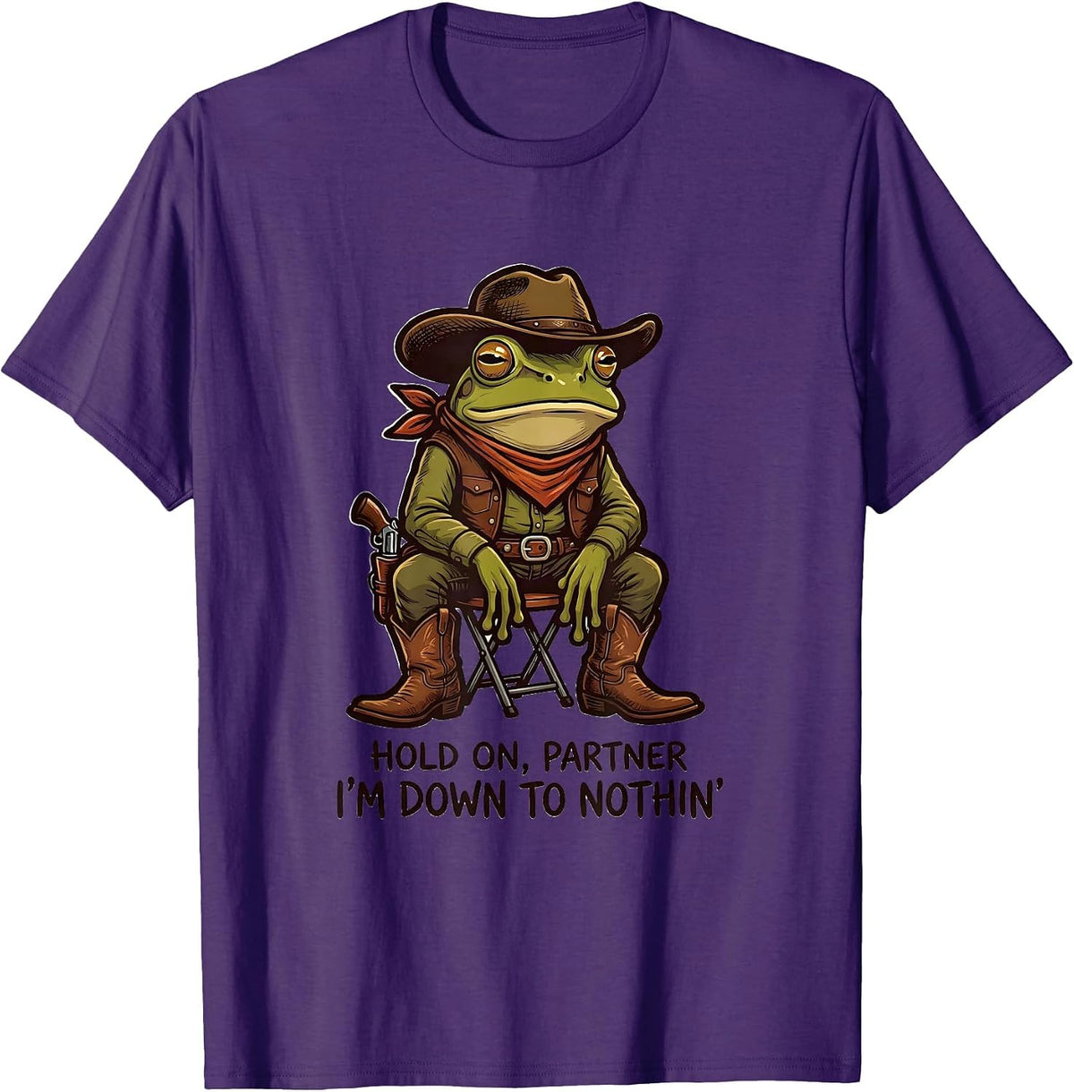 Hold On Partner I'm Down To Nothin' Funny Cowboy Frog Meme T-Shirt - Purple