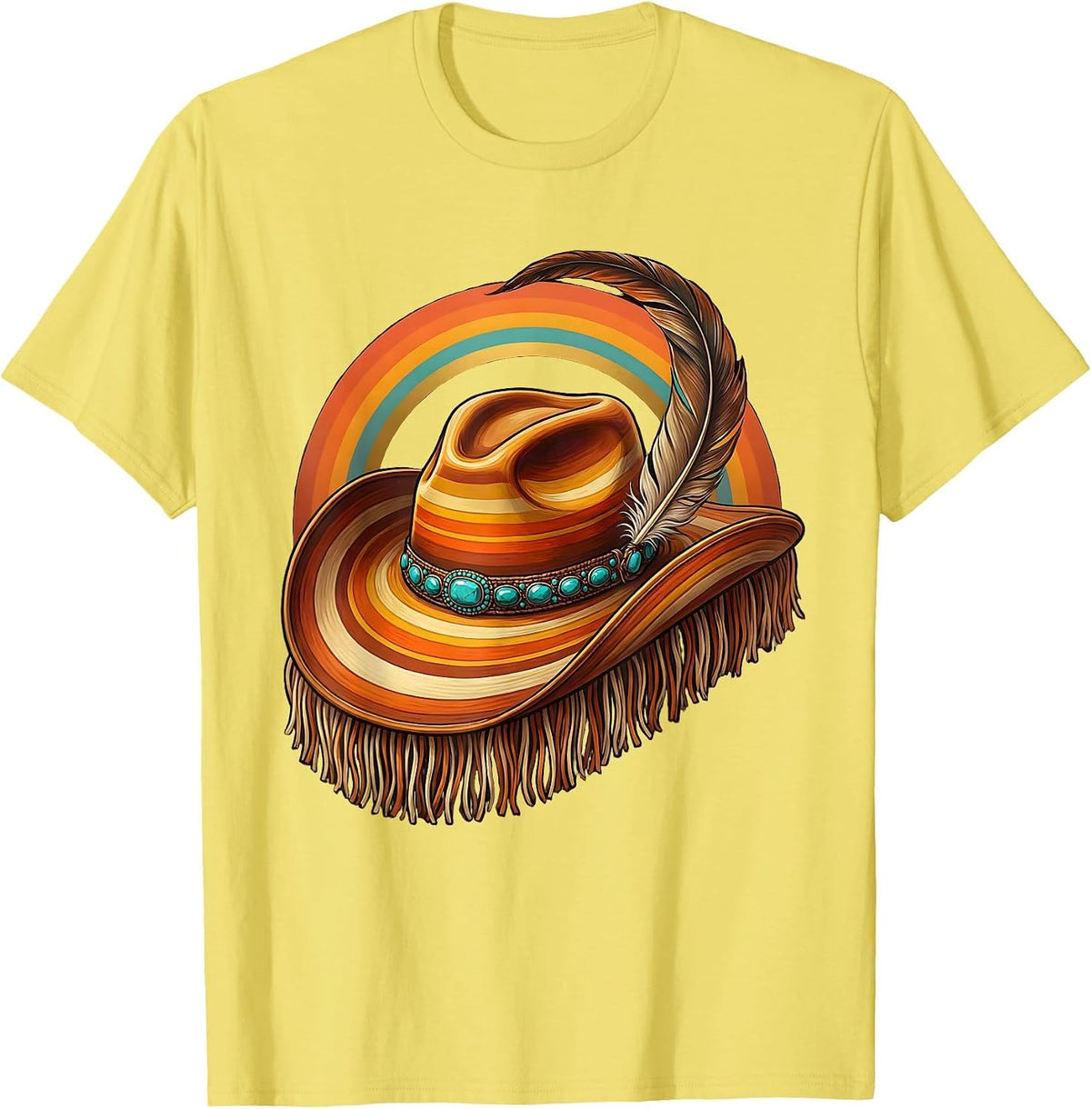Men's Cowboy Hat Feather Turquoise Western Illustration T-Shirt - Lemon Yellow