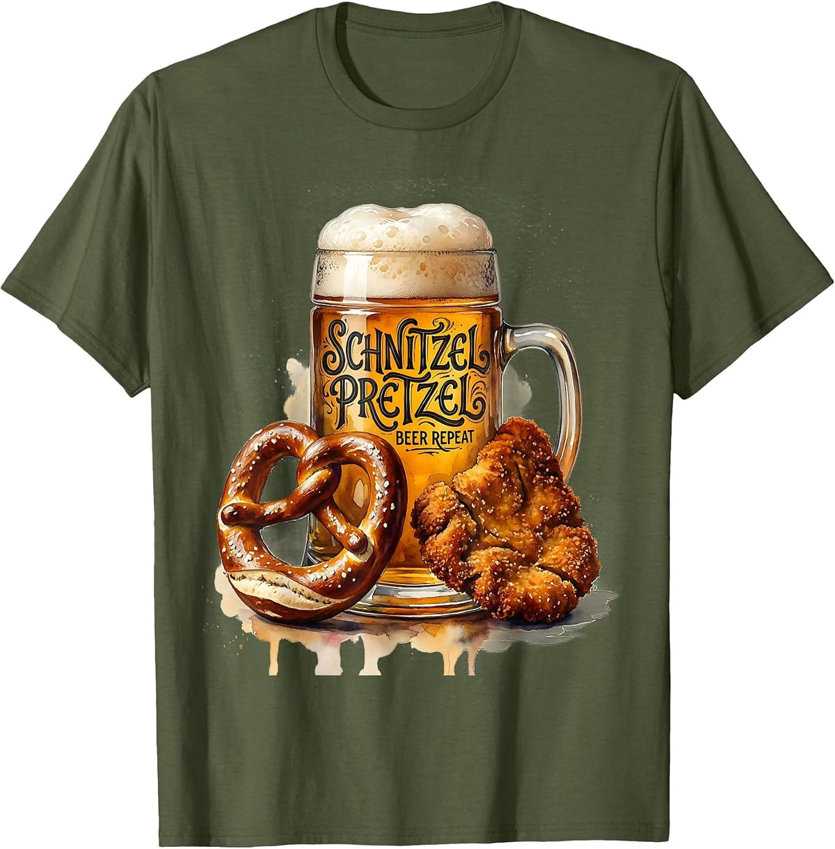 Men's Schnitzel Pretzel Beer Repeat Oktoberfest Design T-Shirt - Olive Green