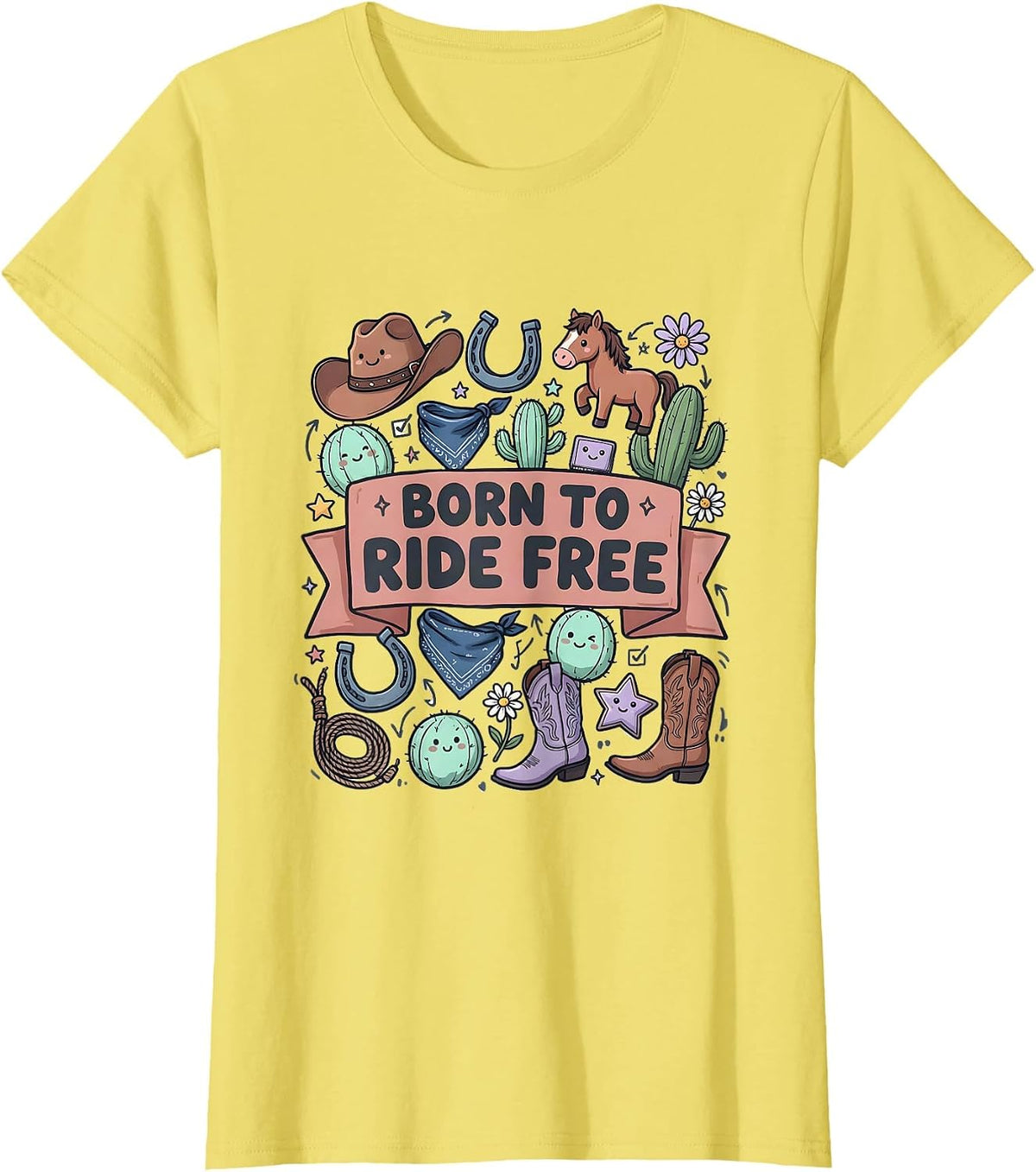 Born to Ride Free Denim Cowgirl Design T-Shirt - Lemon Yellow