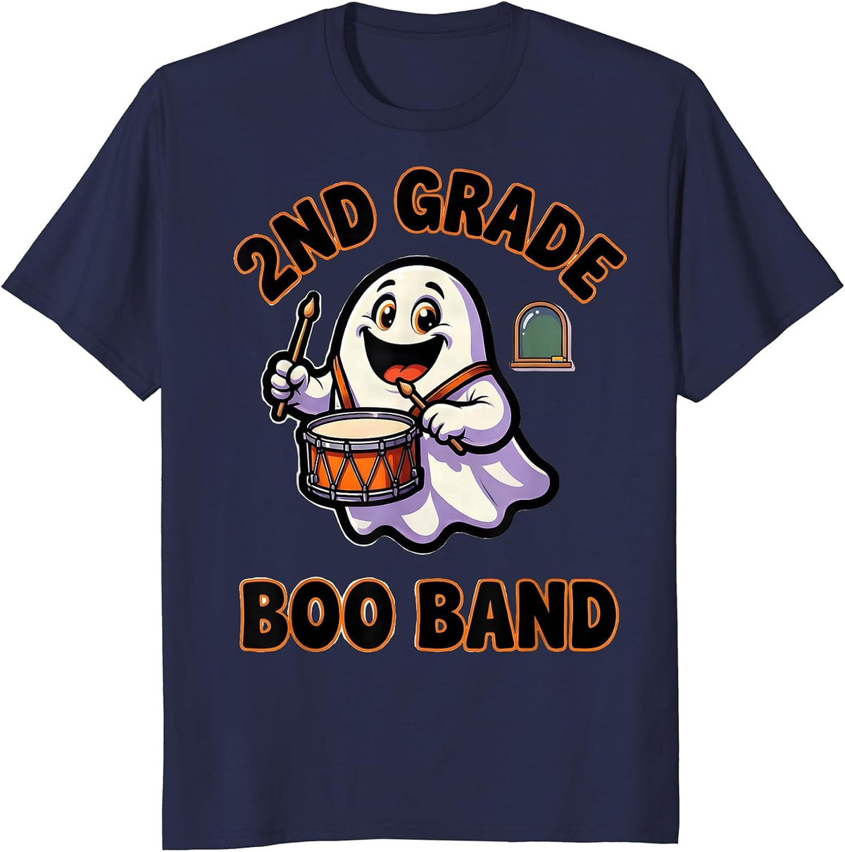 Men's 2nd Grade Boo Band Cute Cartoon Halloween Teacher Student T-Shirt - Navy Blue