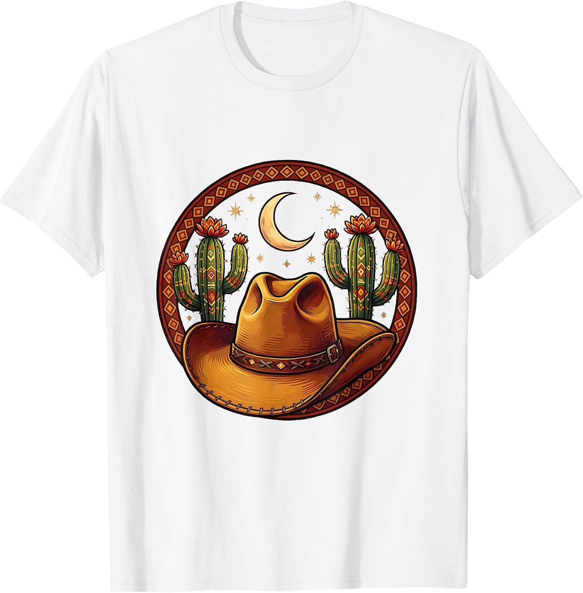 Men's Cowgirl Hat Cactus Crescent Moon Western Design T-Shirt - White