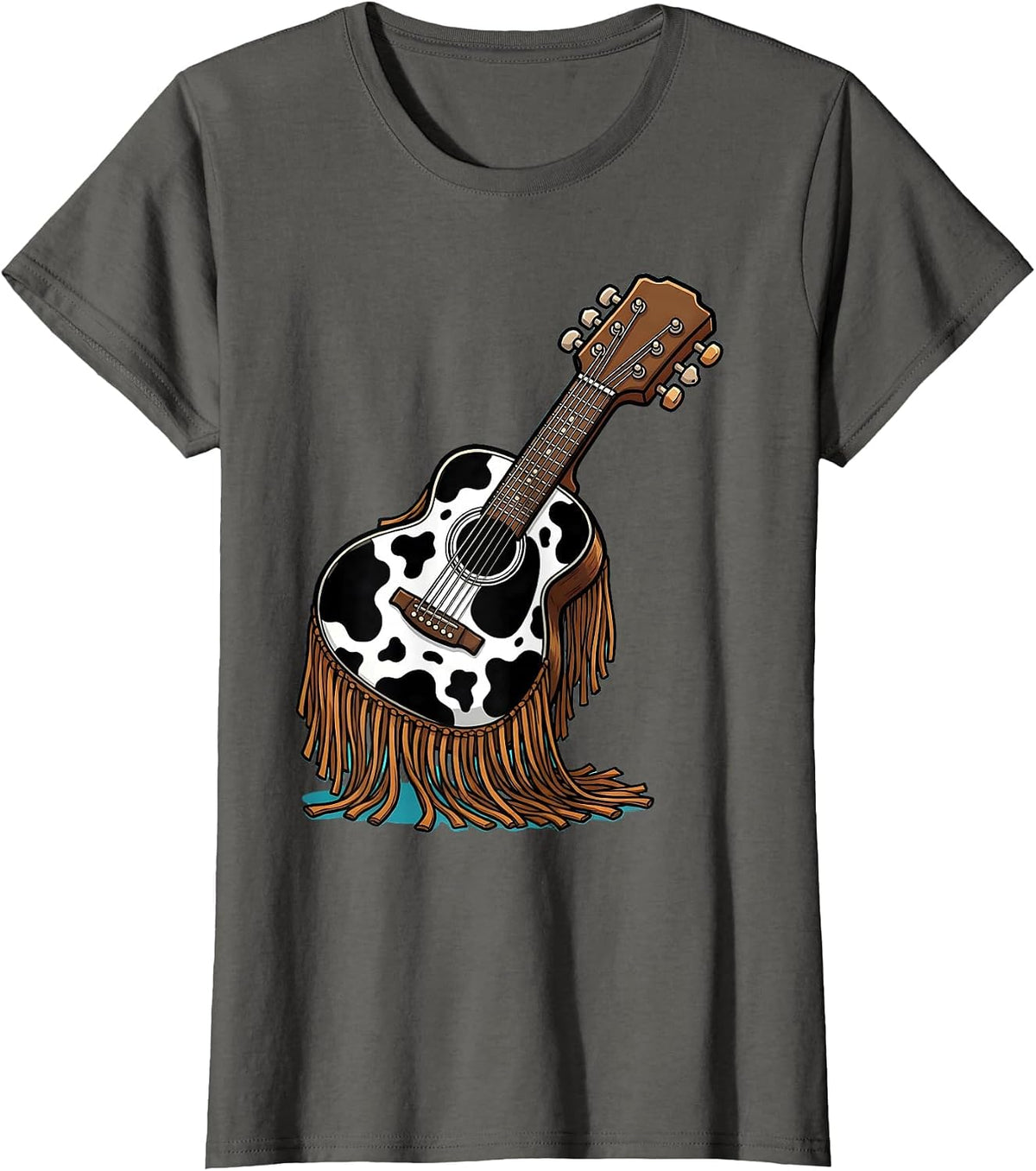 Women's Cow Print Guitar With Western Fringe Illustration T-Shirt - Asphalt Grey