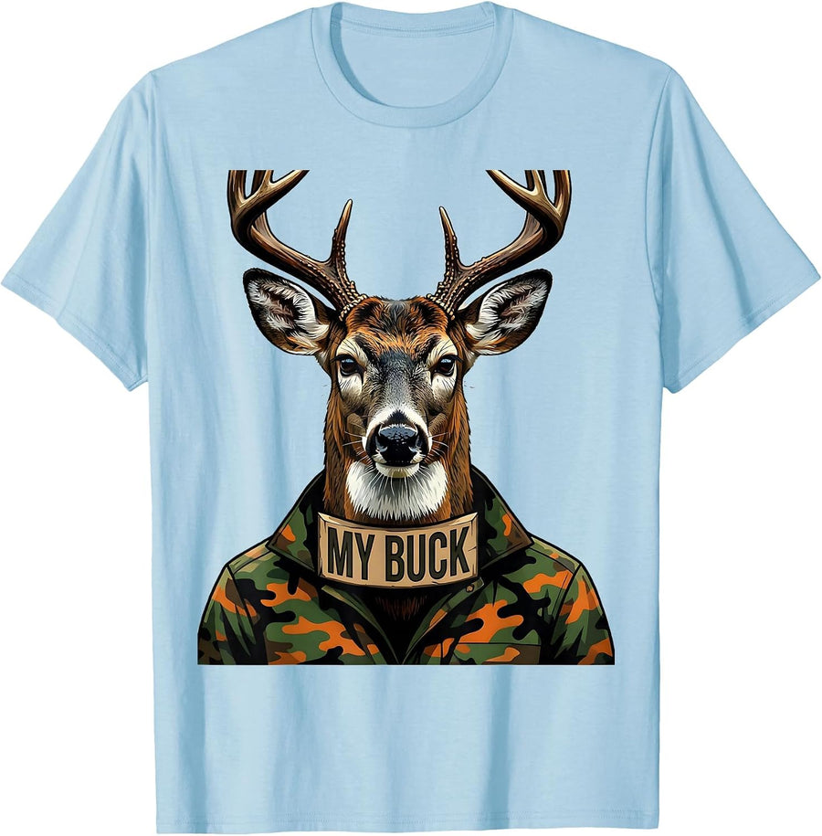 Men's My Buck Funny Camo Deer Hunting Youth Teens Kids Humor T-Shirt - Baby Blue
