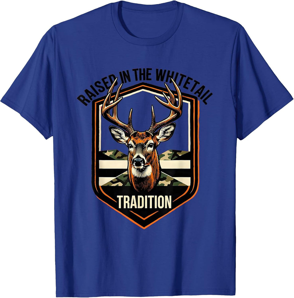 Raised In The Whitetail Tradition Stencil Camo Deer Hunter T-Shirt - Royal Blue