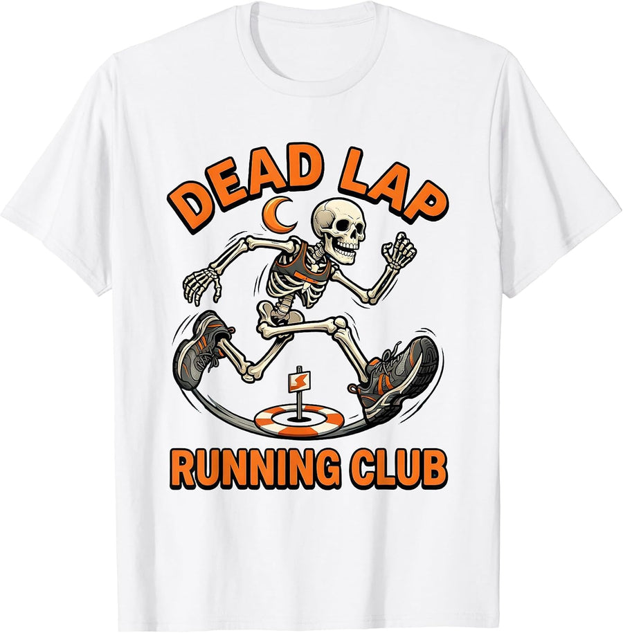 Men's Dead Lap Running Club Funny Halloween Skeleton Runner T-Shirt - White