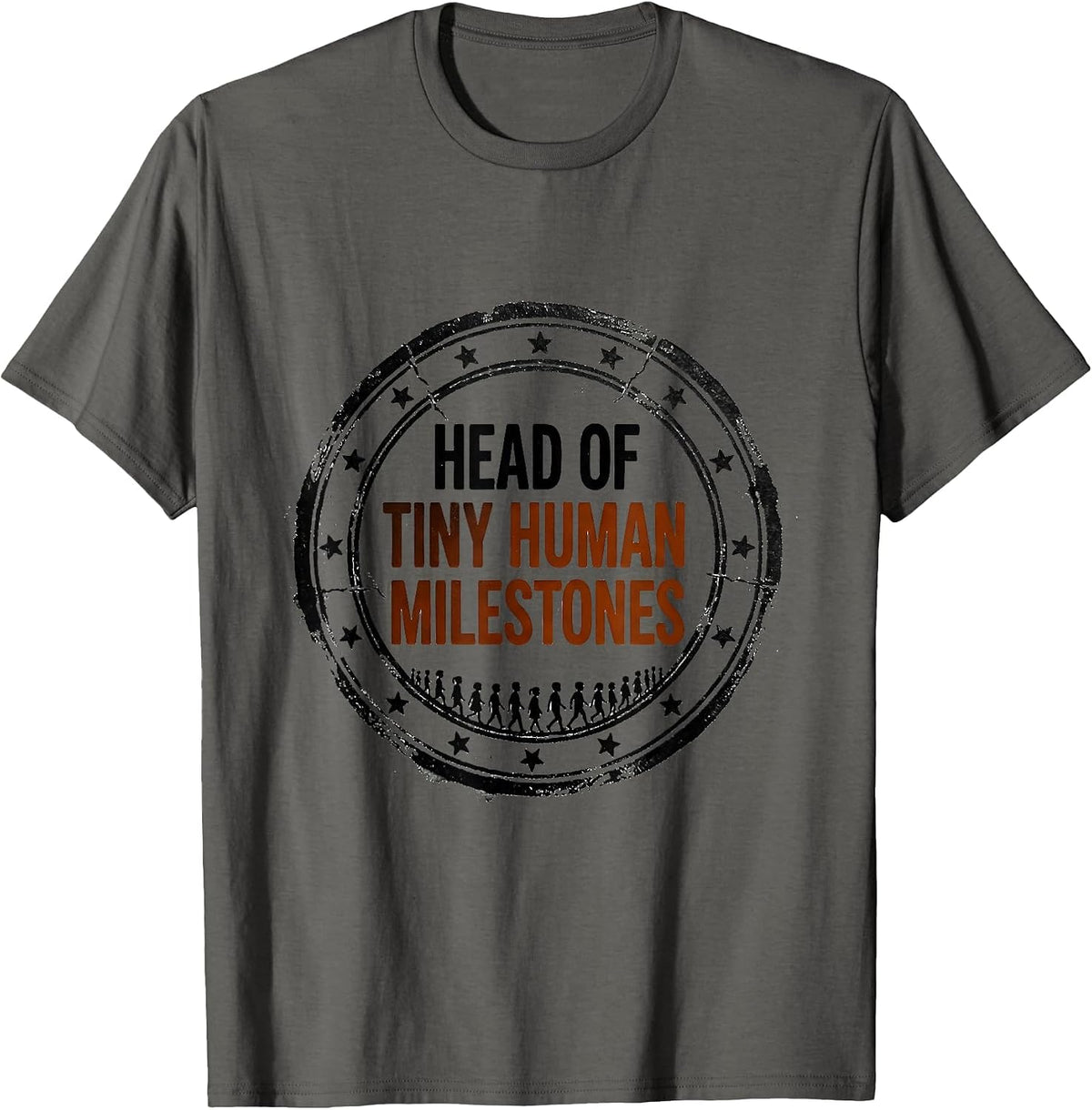 Head of Tiny Human Milestones Teacher Rubber Stamp Humor T-Shirt - Asphalt Grey