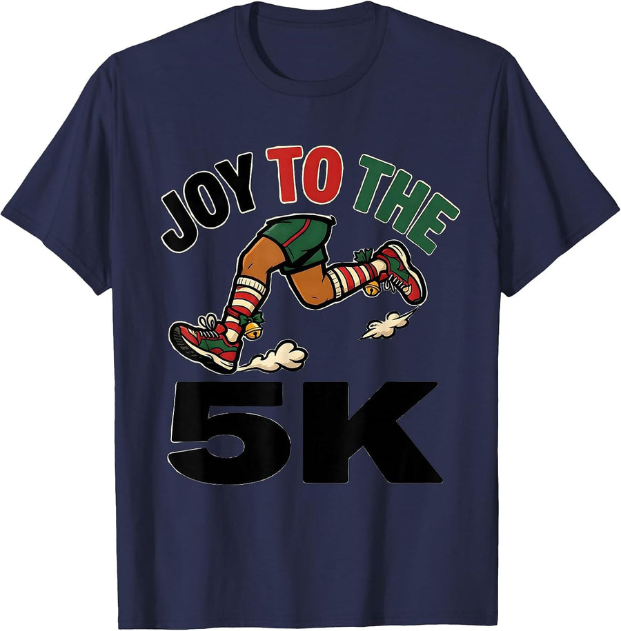 Joy To The 5K Funny Christmas Running Pun Runner Gift T-Shirt - Navy Blue