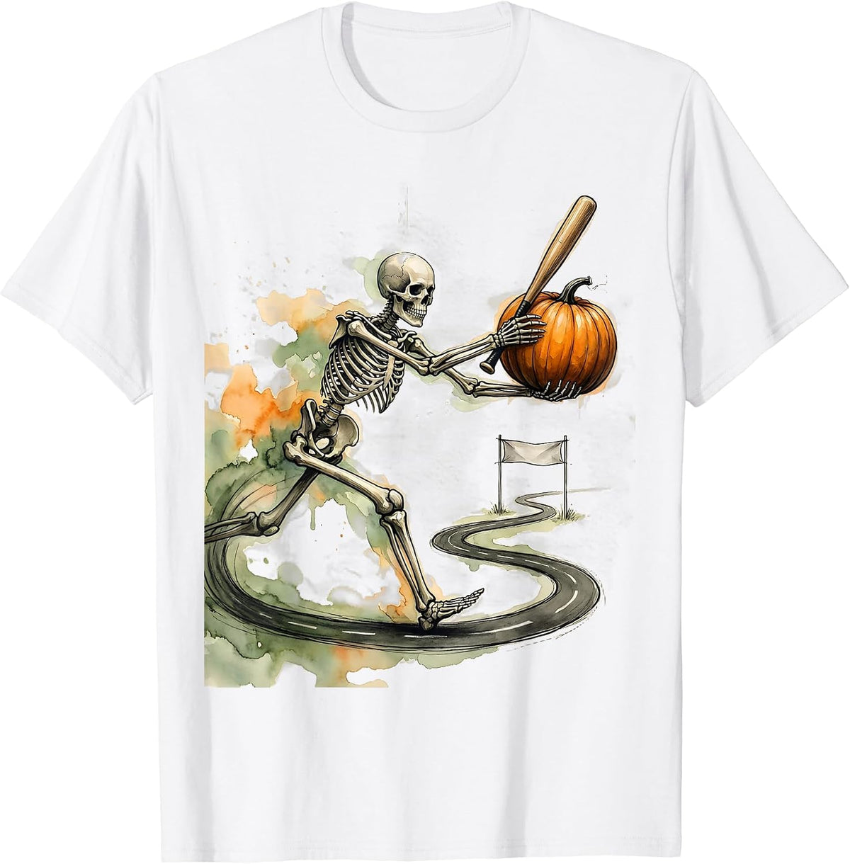 Men's Watercolor Skeleton Runner Halloween 5K Fun Run Matching T-Shirt - White