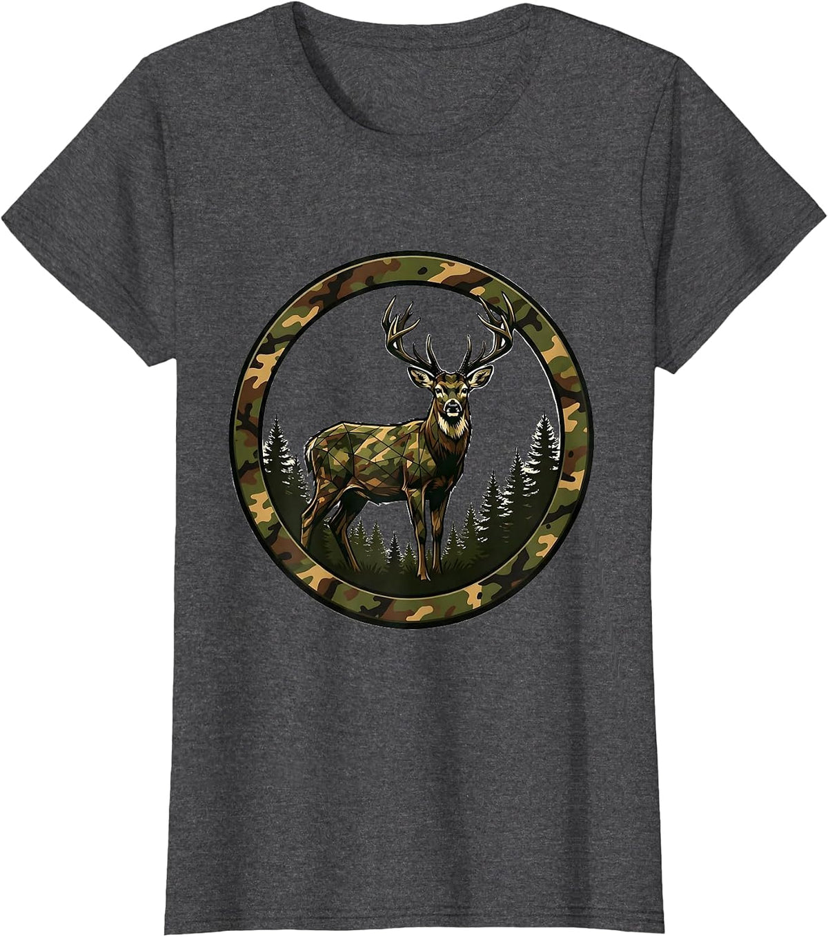 Women's Buck Deer Misty Camo Forest Hunting Graphic T-Shirt - Dark Heather Grey