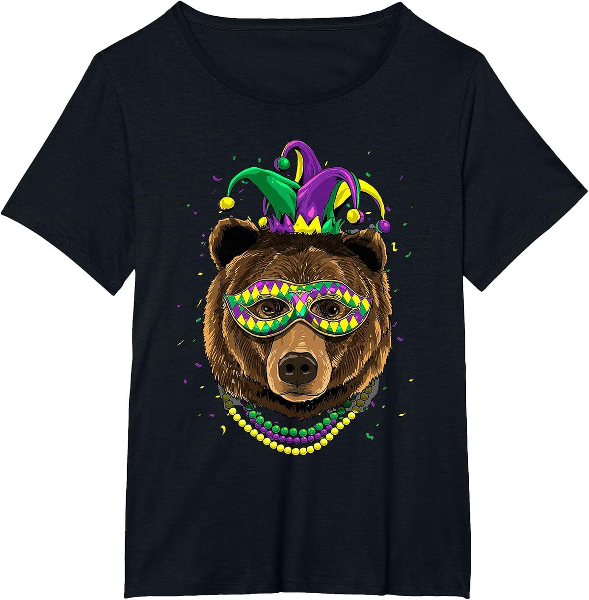 Bear Animal Lover Cute Mardi Gras Carnival Jester T-Shirt, Women's Plus, Black, 6X - As Pictured